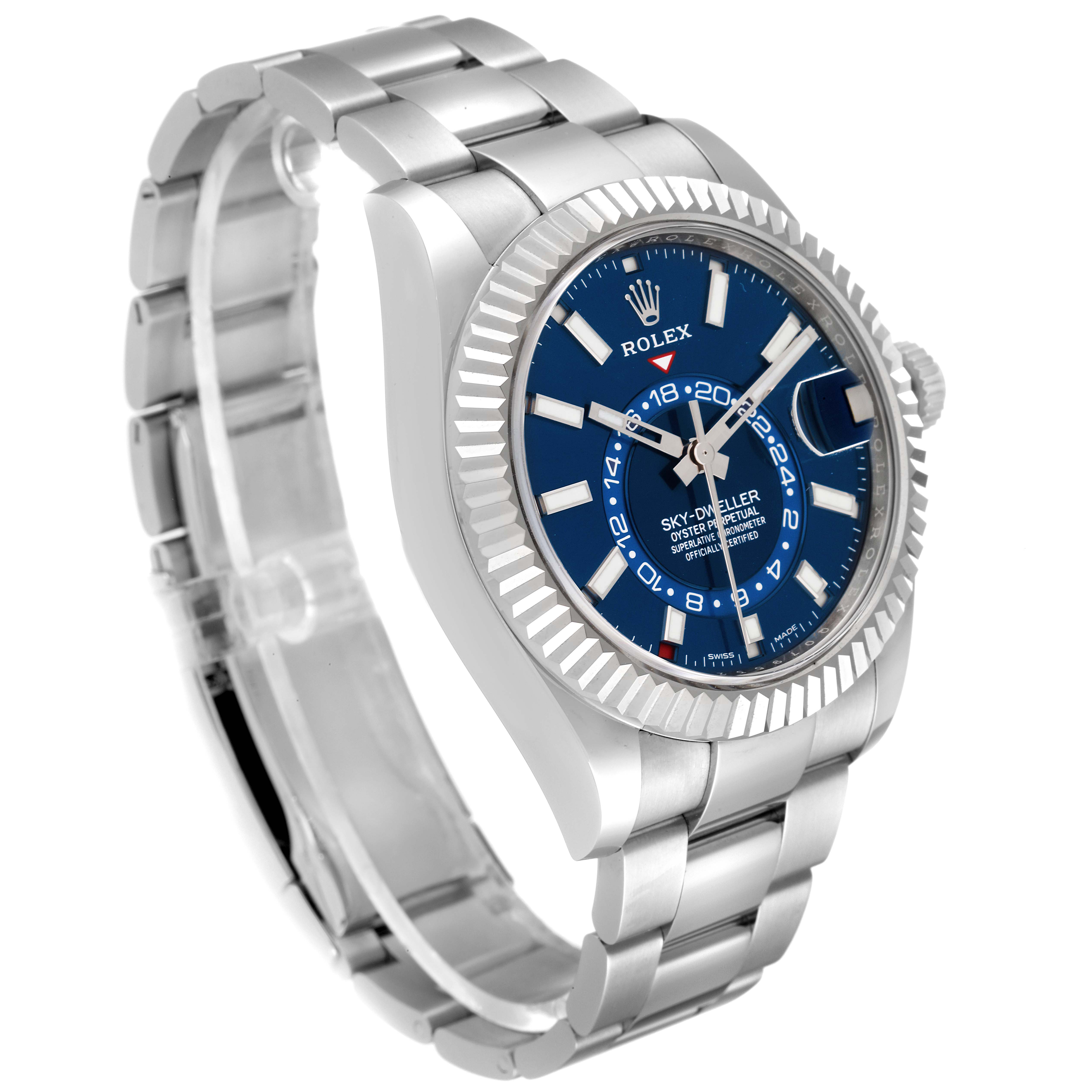 The image shows a side angle of a Rolex Sky-Dweller 326934 Men's Stainless Steel Blue Dial 326934 Men's Stainless Steel Blue Dial watch, displaying its blue dial, fluted bezel, and stainless steel bracelet.