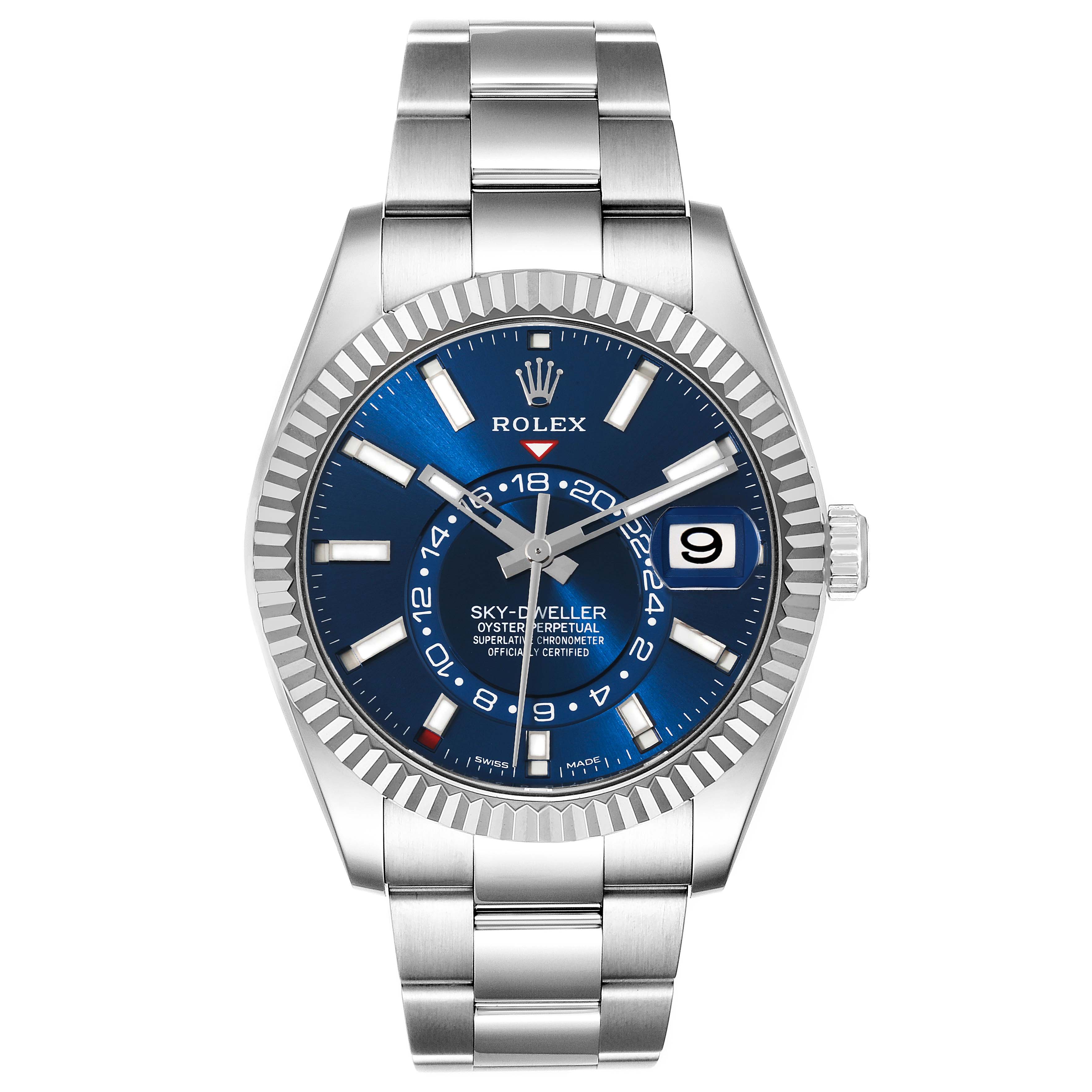 The Rolex Sky-Dweller 326934 Men's Stainless Steel Blue Dial 326934 Men's Stainless Steel Blue Dial watch is shown from a front angle, displaying the dial, bezel, and bracelet.