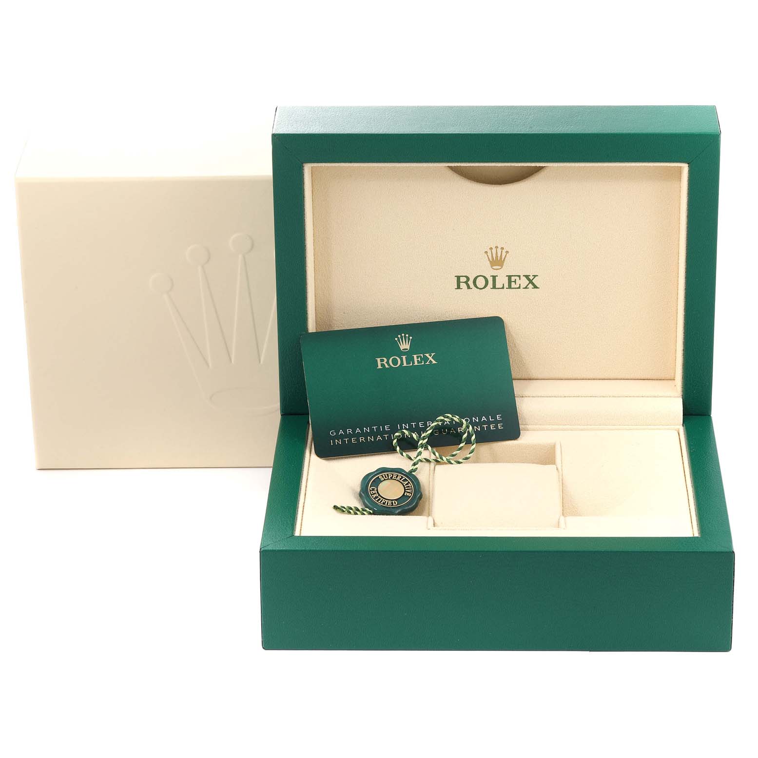 The image shows a Rolex Sky-Dweller 326934 Men's Stainless Steel Blue Dial 326934 Men's Stainless Steel Blue Dial watch box, warranty card, and tag, with the box open and viewed from the front.
