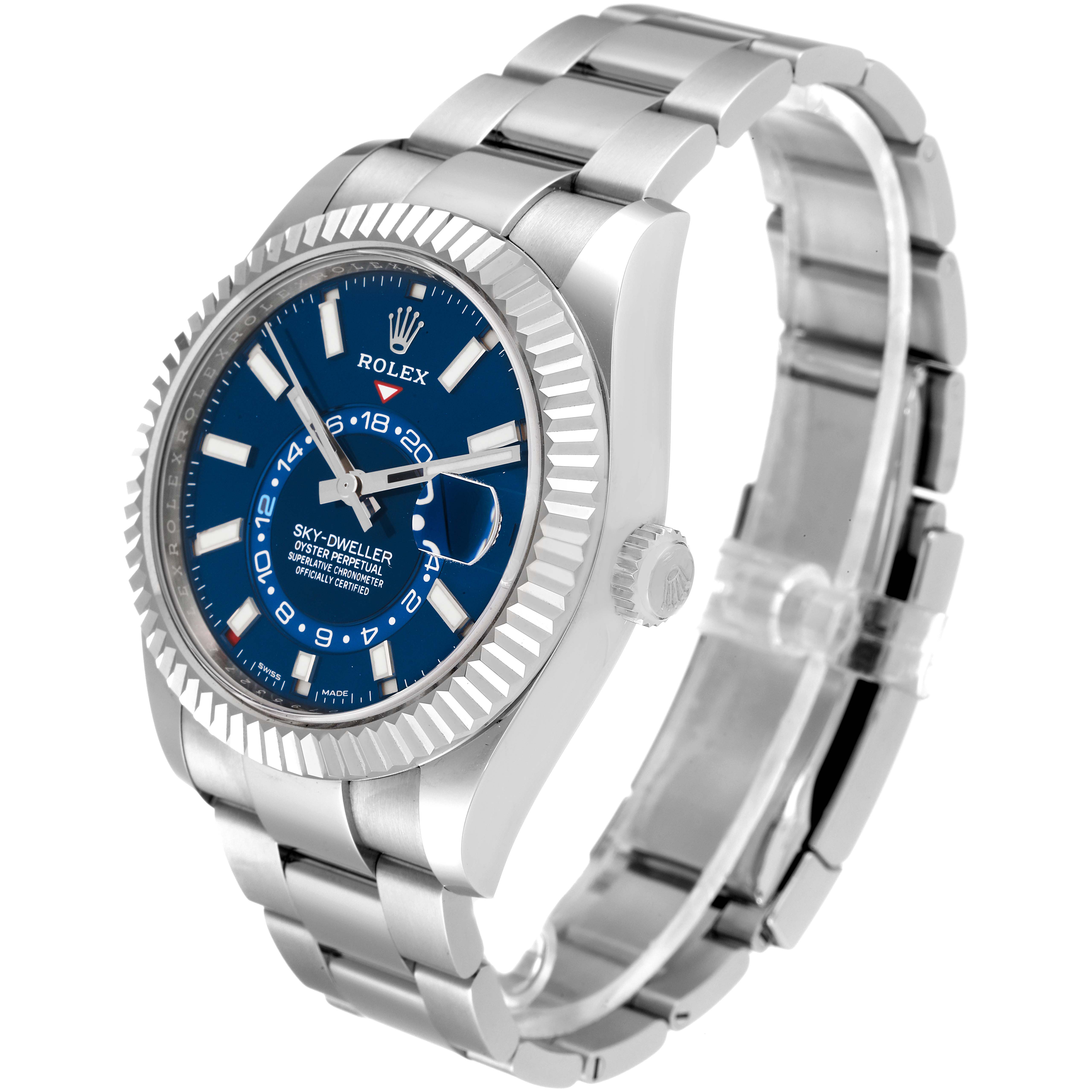 The image shows the Rolex Sky-Dweller 326934 Men's Stainless Steel Blue Dial 326934 Men's Stainless Steel Blue Dial watch at a slight angle, displaying its face, band, and crown.