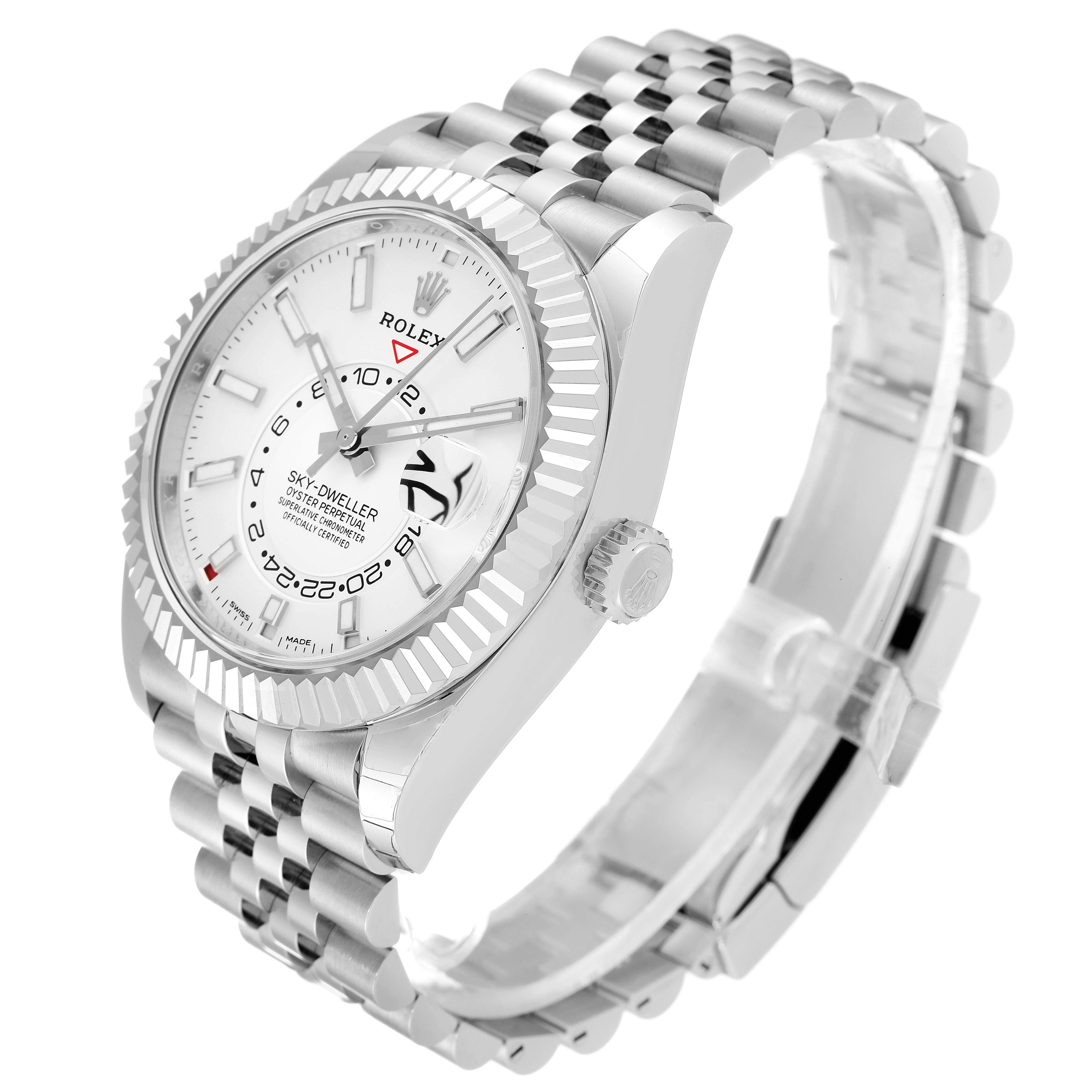 The image shows a Rolex Sky-Dweller 326934 Men's Stainless Steel White Dial 326934 Men's Stainless Steel White Dial watch angled slightly from the front, displaying the face, bezel, bracelet, and crown.