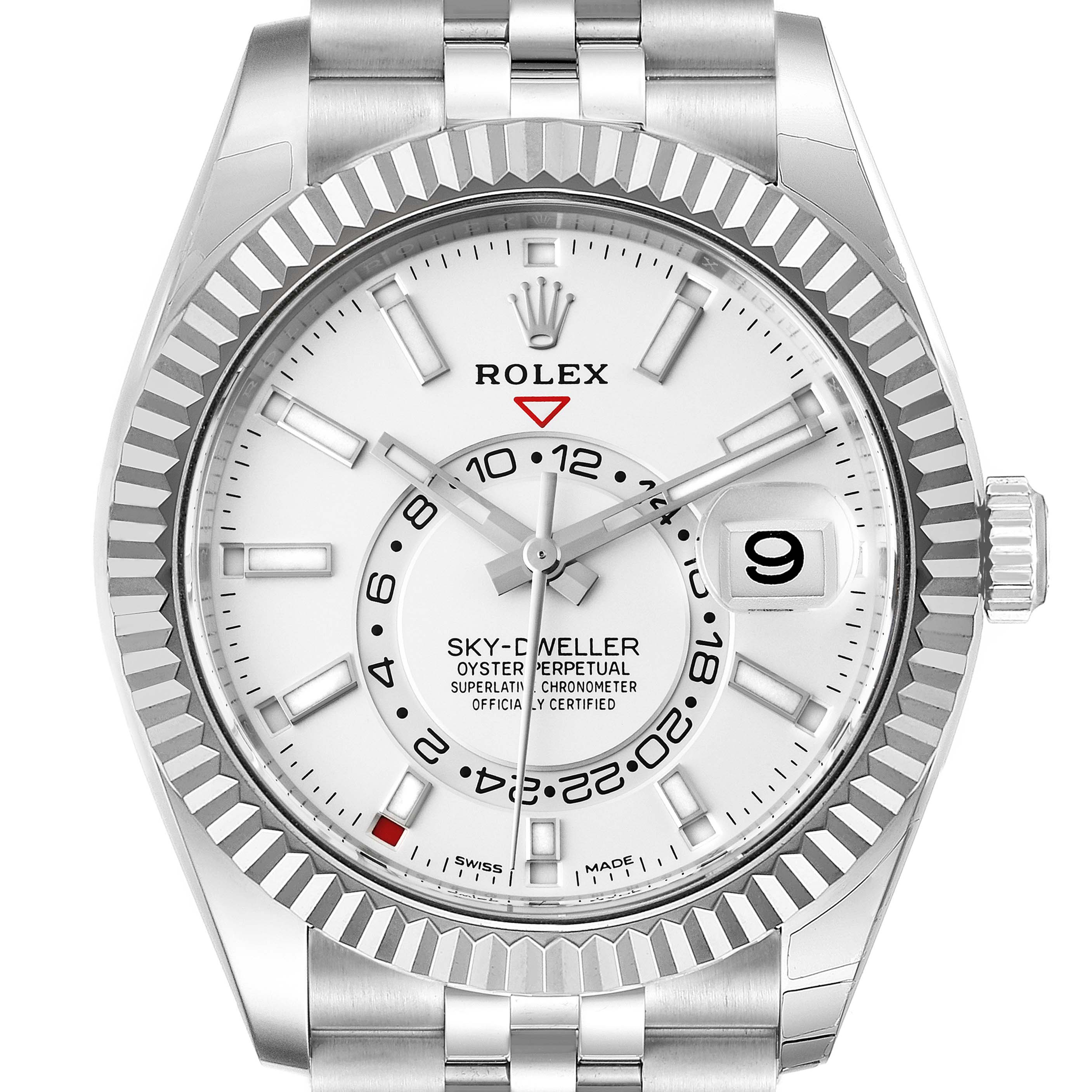 The image shows a frontal view of a Rolex Sky-Dweller 326934 Men's Stainless Steel White Dial 326934 Men's Stainless Steel White Dial watch, highlighting the dial, bezel, hands, and part of the bracelet.