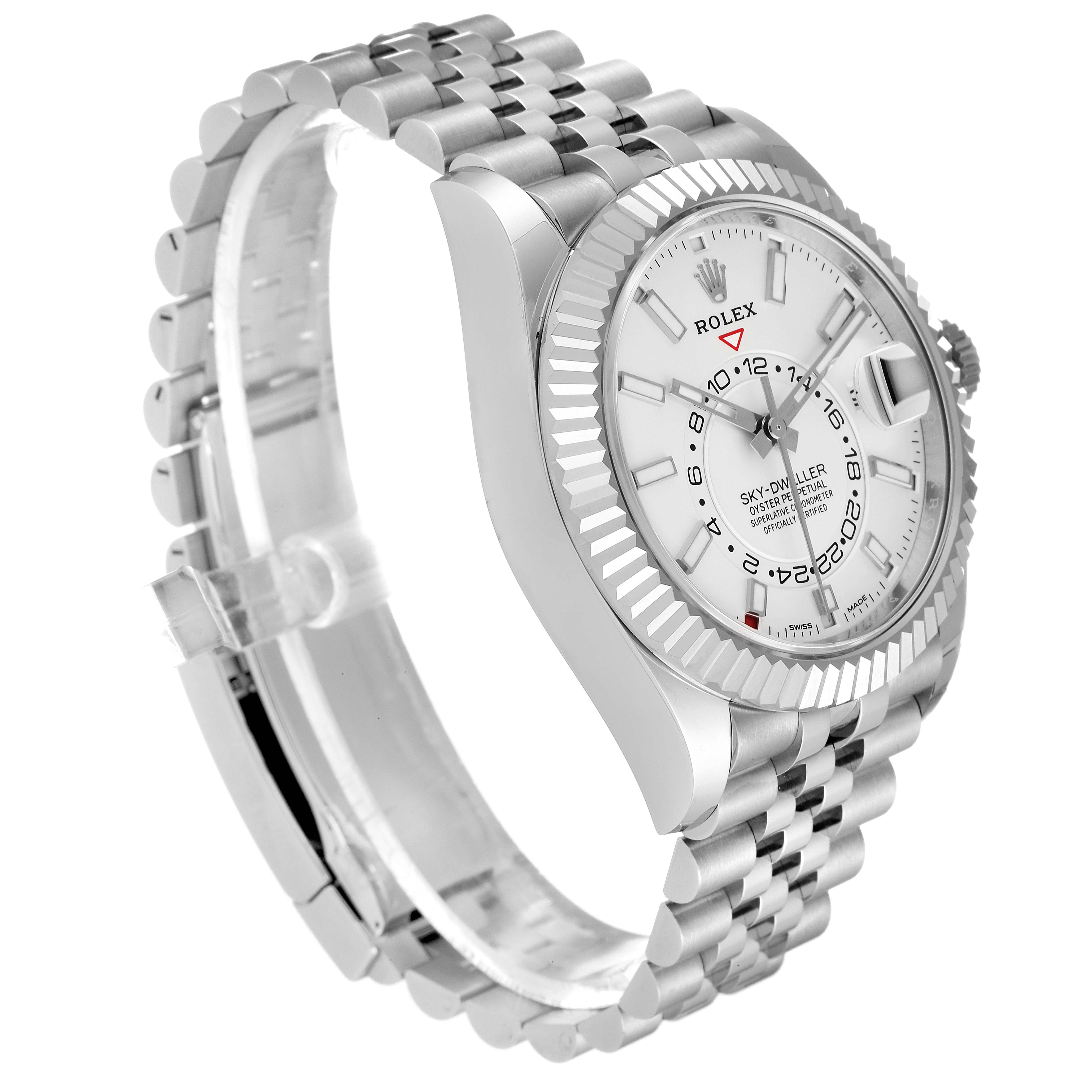 This image shows a side view of the Rolex Sky-Dweller 326934 Men's Stainless Steel White Dial 326934 Men's Stainless Steel White Dial watch, highlighting its face, bezel, crown, and bracelet.