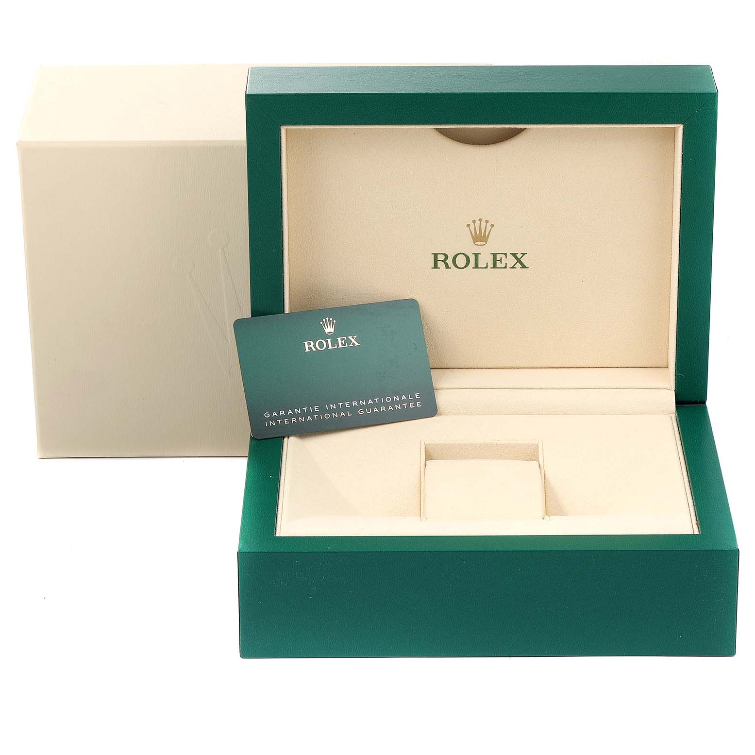 The image shows a Rolex Sky-Dweller 326934 Men's Stainless Steel White Dial 326934 Men's Stainless Steel White Dial watch box and international guarantee card placed inside.