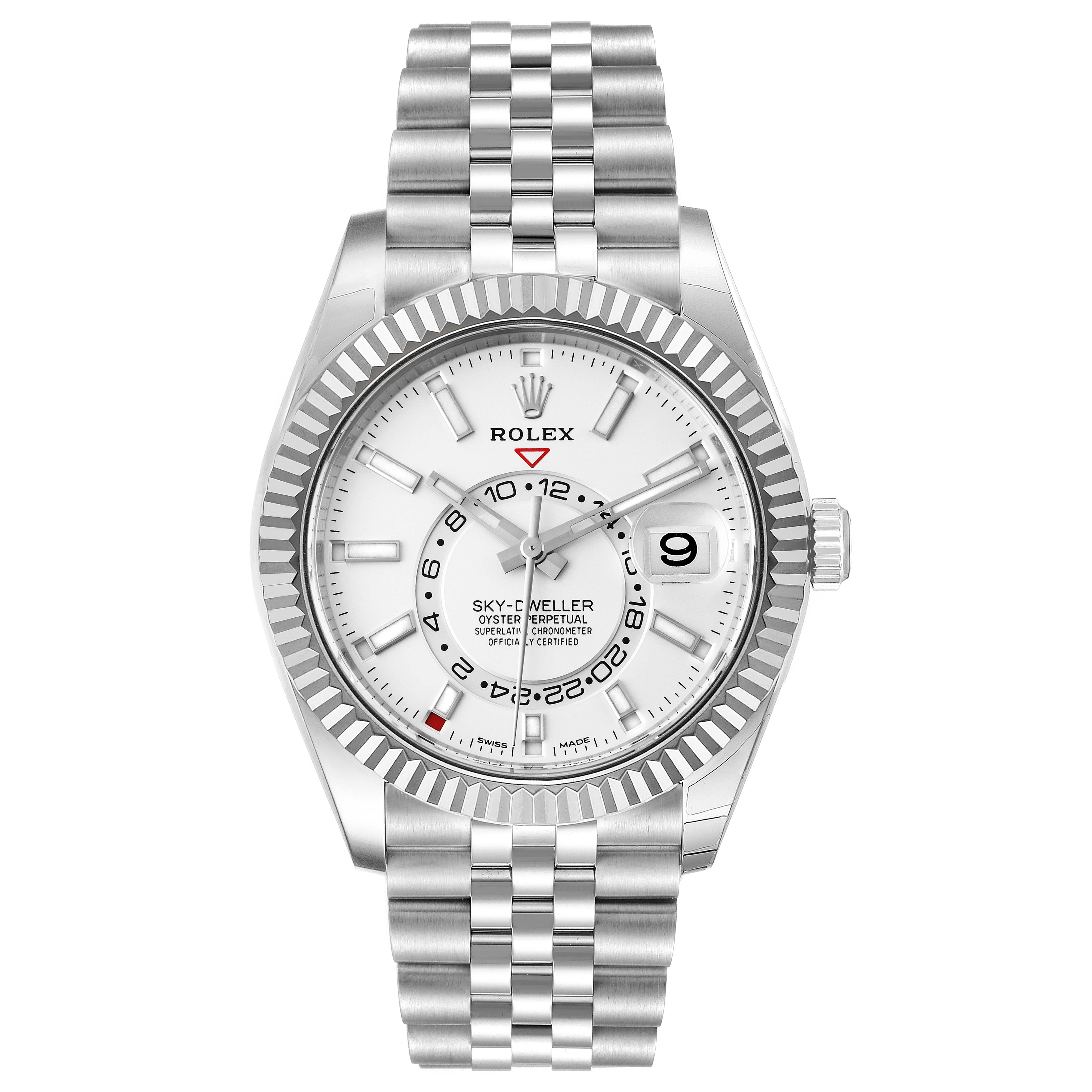 The image shows a front view of the Rolex Sky-Dweller 326934 Men's Stainless Steel White Dial 326934 Men's Stainless Steel White Dial watch, displaying its dial, bezel, crown, and bracelet.