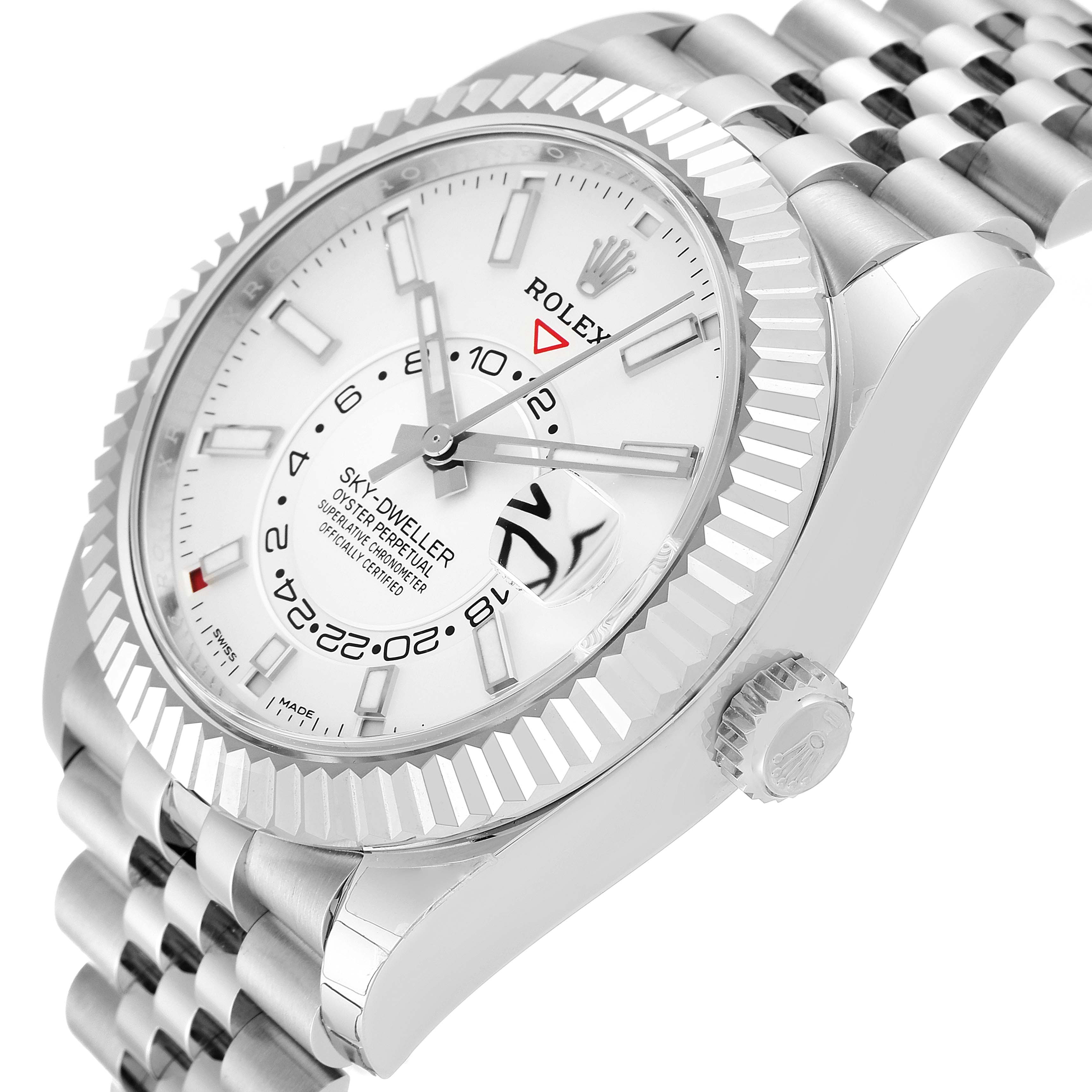 The image shows a close-up angle of the Rolex Sky-Dweller 326934 Men's Stainless Steel White Dial 326934 Men's Stainless Steel White Dial watch, highlighting its dial, bezel, and crown.