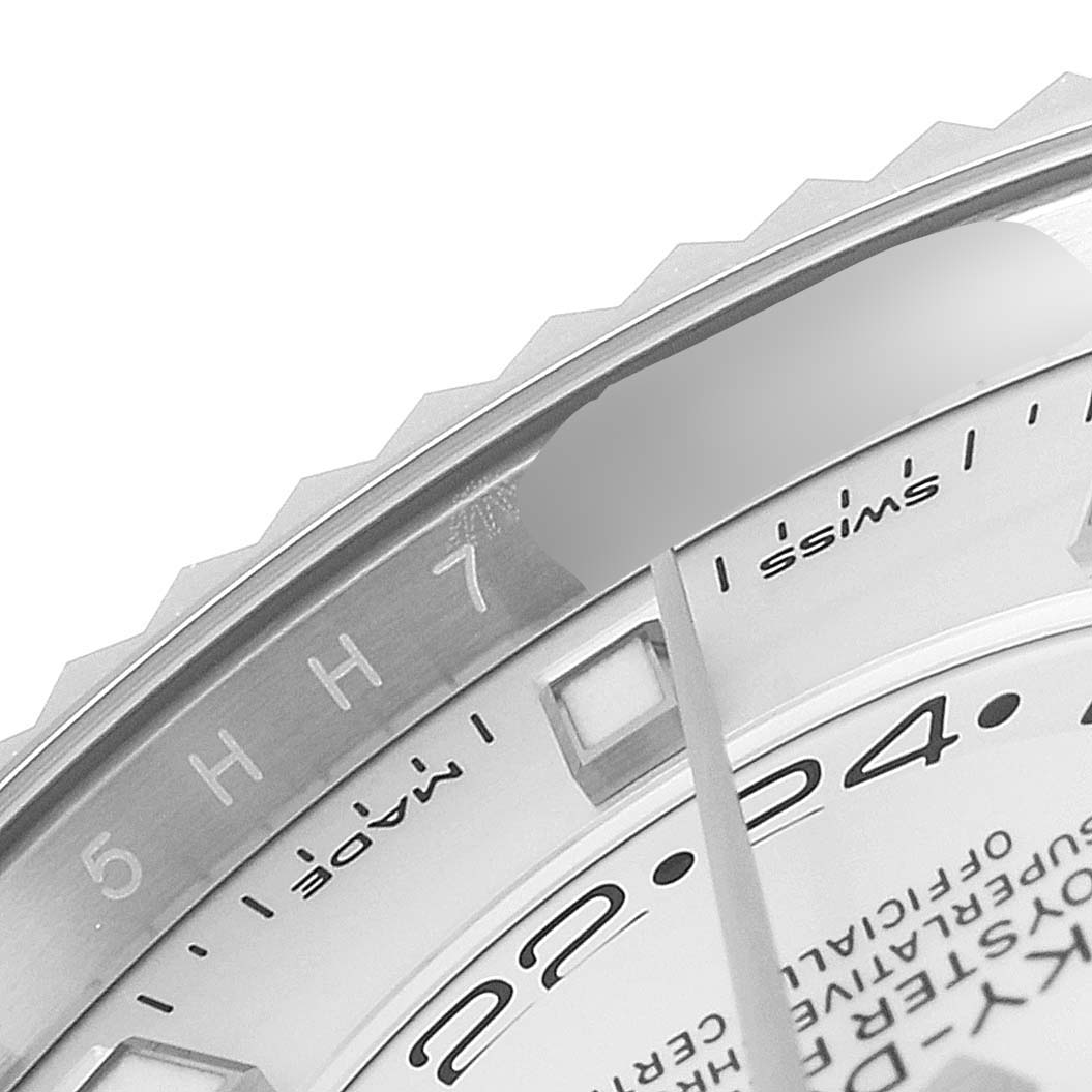 The image shows a close-up view of the dial and inner bezel of the Rolex Sky-Dweller 326934 Men's Stainless Steel White Dial 326934 Men's Stainless Steel White Dial watch, highlighting the "Swiss Made" text and the hour markers.