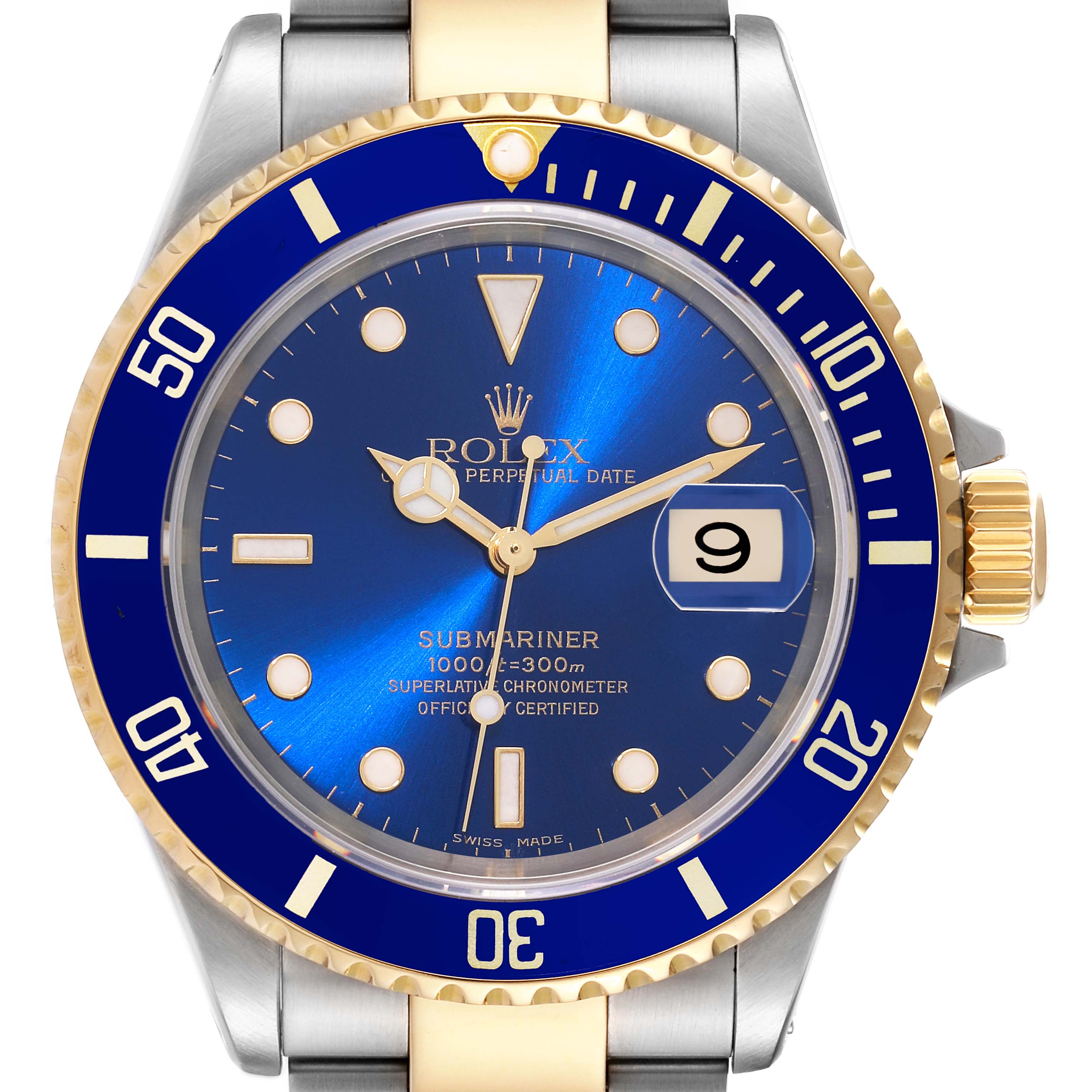 This image shows a front view of the Rolex Submariner 16613 Men's Steel and Gold (two tone) Blue Dial 16613 Men's Steel and Gold (two tone) Blue Dial with a blue dial and bezel, including the date window and crown.