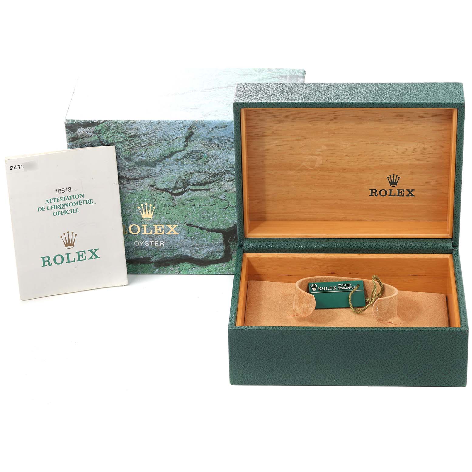 The image shows the packaging for a Rolex Submariner 16613 Men's Steel and Gold (two tone) Blue Dial 16613 Men's Steel and Gold (two tone) Blue Dial, including an open watch box, an outer box, and a certificate booklet.