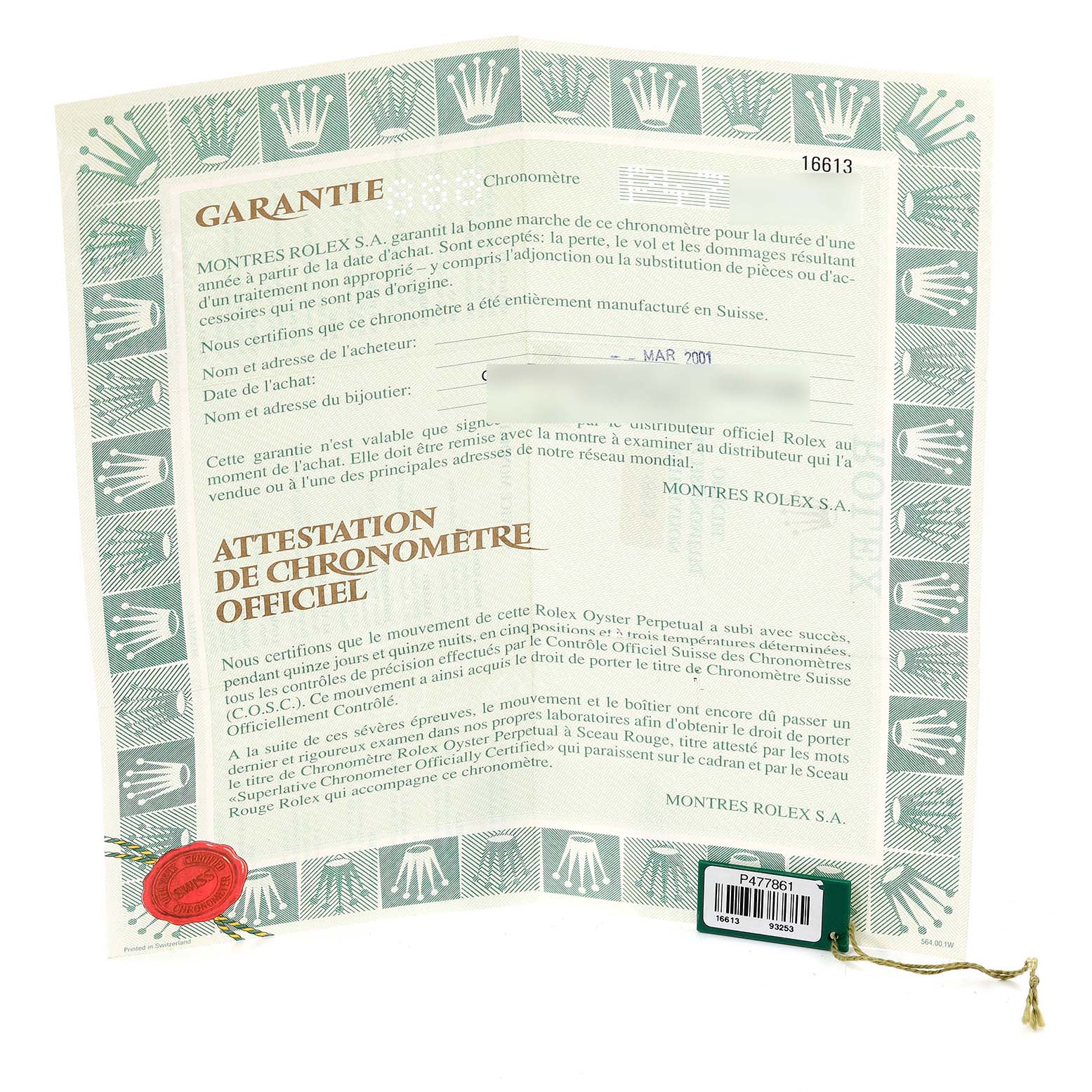The image shows a folded warranty and chronometer certificate for a Rolex Submariner 16613 Men's Steel and Gold (two tone) Blue Dial 16613 Men's Steel and Gold (two tone) Blue Dial model.