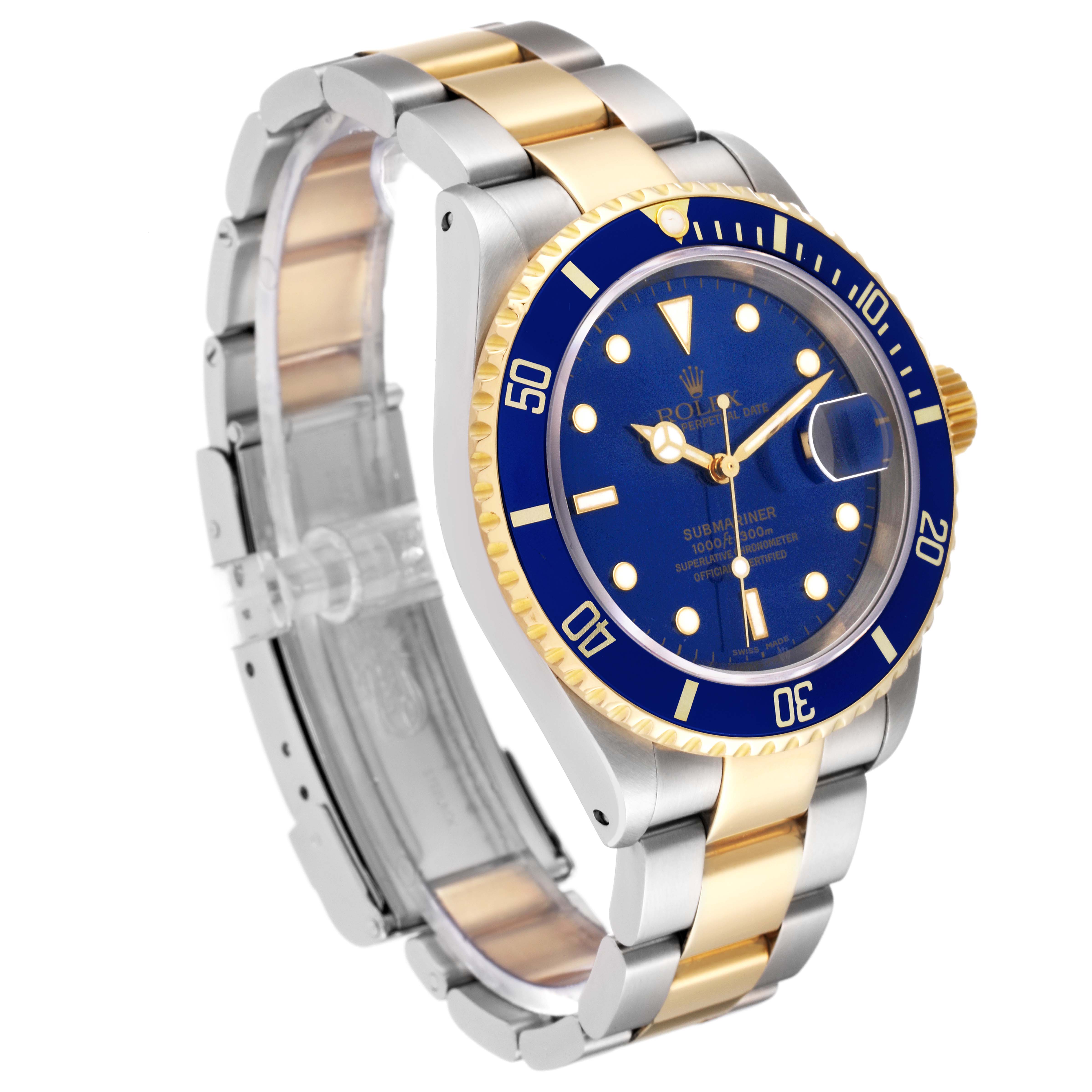 The Rolex Submariner 16613 Men's Steel and Gold (two tone) Blue Dial 16613 Men's Steel and Gold (two tone) Blue Dial model is shown at an angle highlighting the bracelet, bezel, dial, and crown.