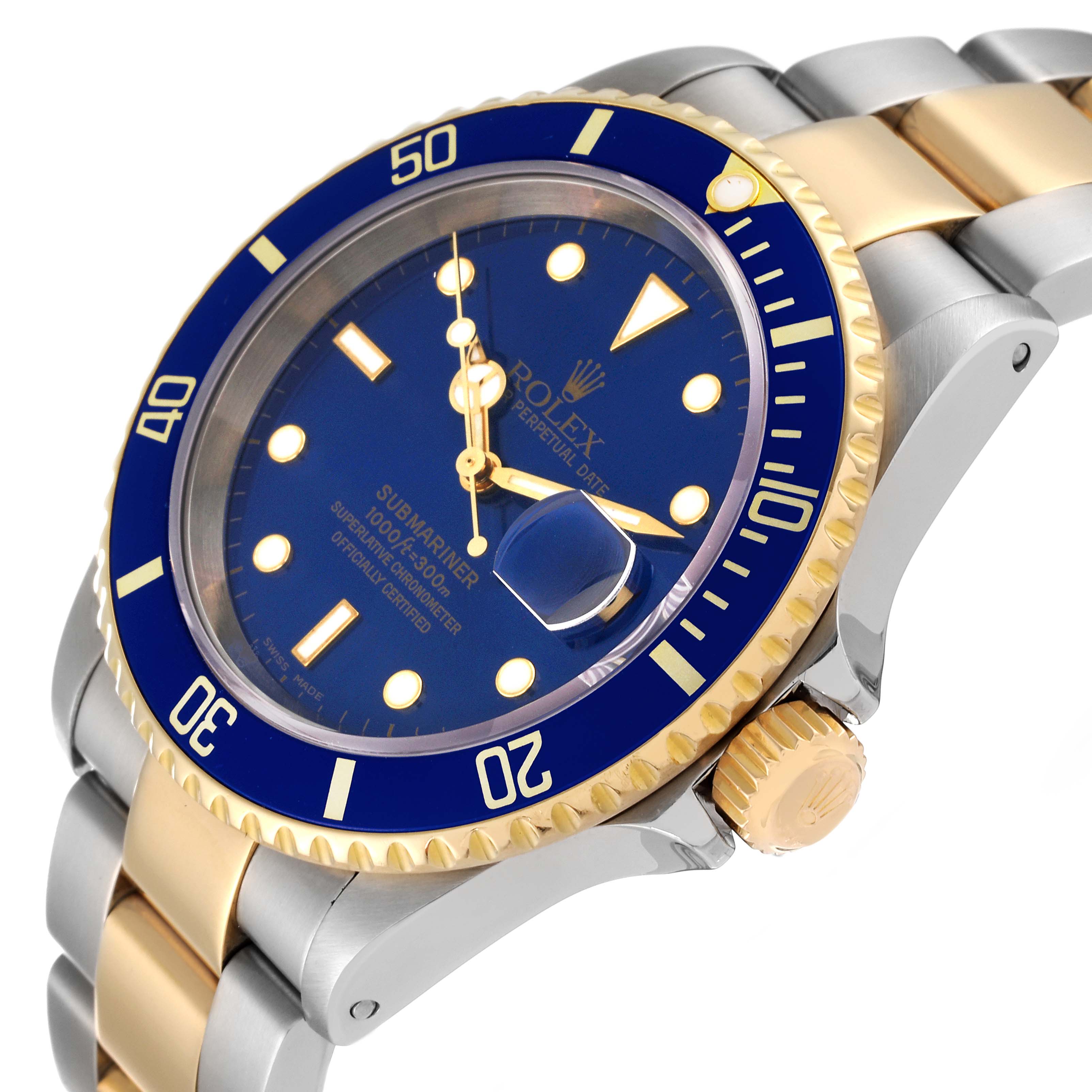 The image shows a Rolex Submariner 16613 Men's Steel and Gold (two tone) Blue Dial 16613 Men's Steel and Gold (two tone) Blue Dial angled slightly from the side, highlighting its blue dial, bezel, and two-tone bracelet.