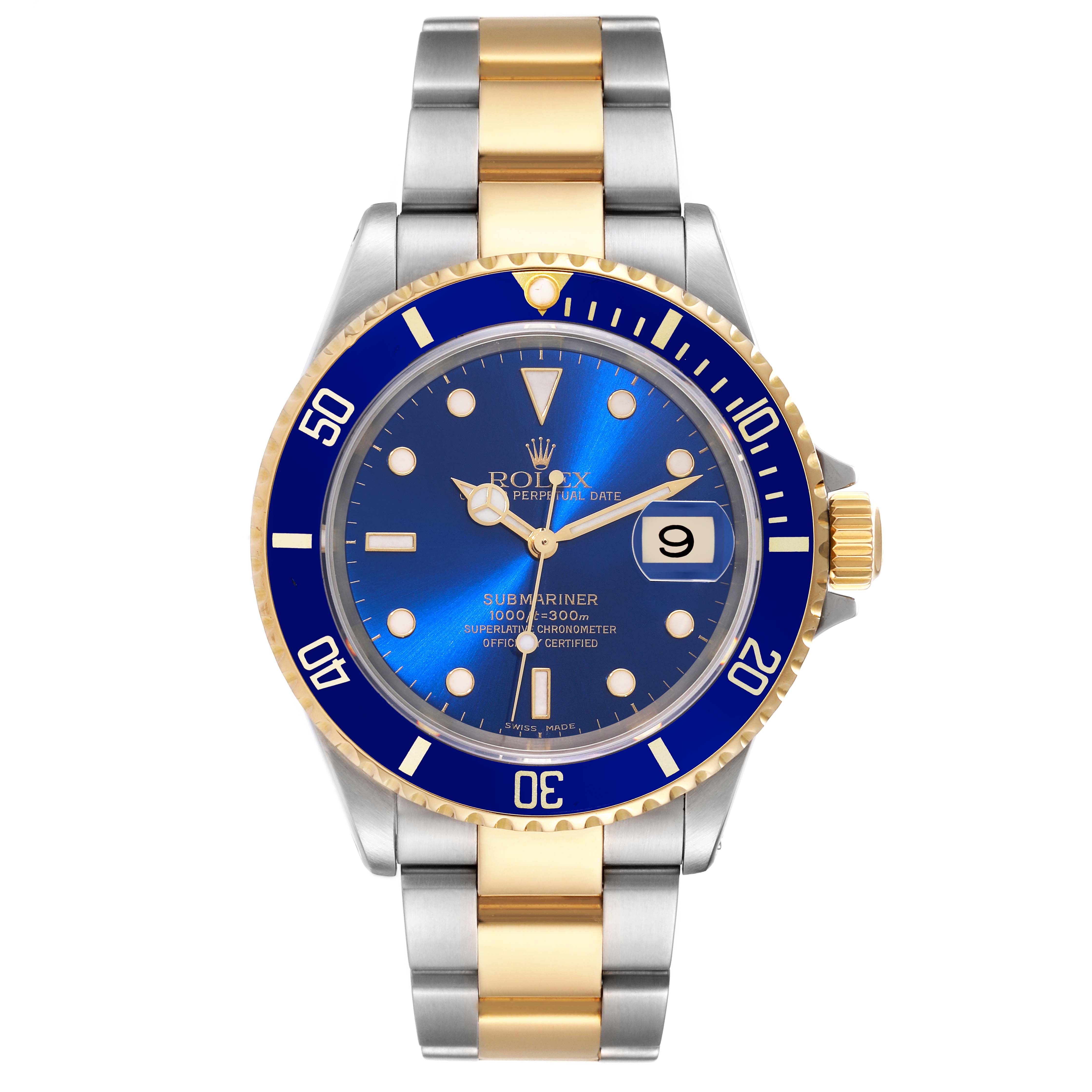The image shows a front view of the Rolex Submariner 16613 Men's Steel and Gold (two tone) Blue Dial 16613 Men's Steel and Gold (two tone) Blue Dial watch, highlighting the dial, bezel, hands, date window, and bracelet.