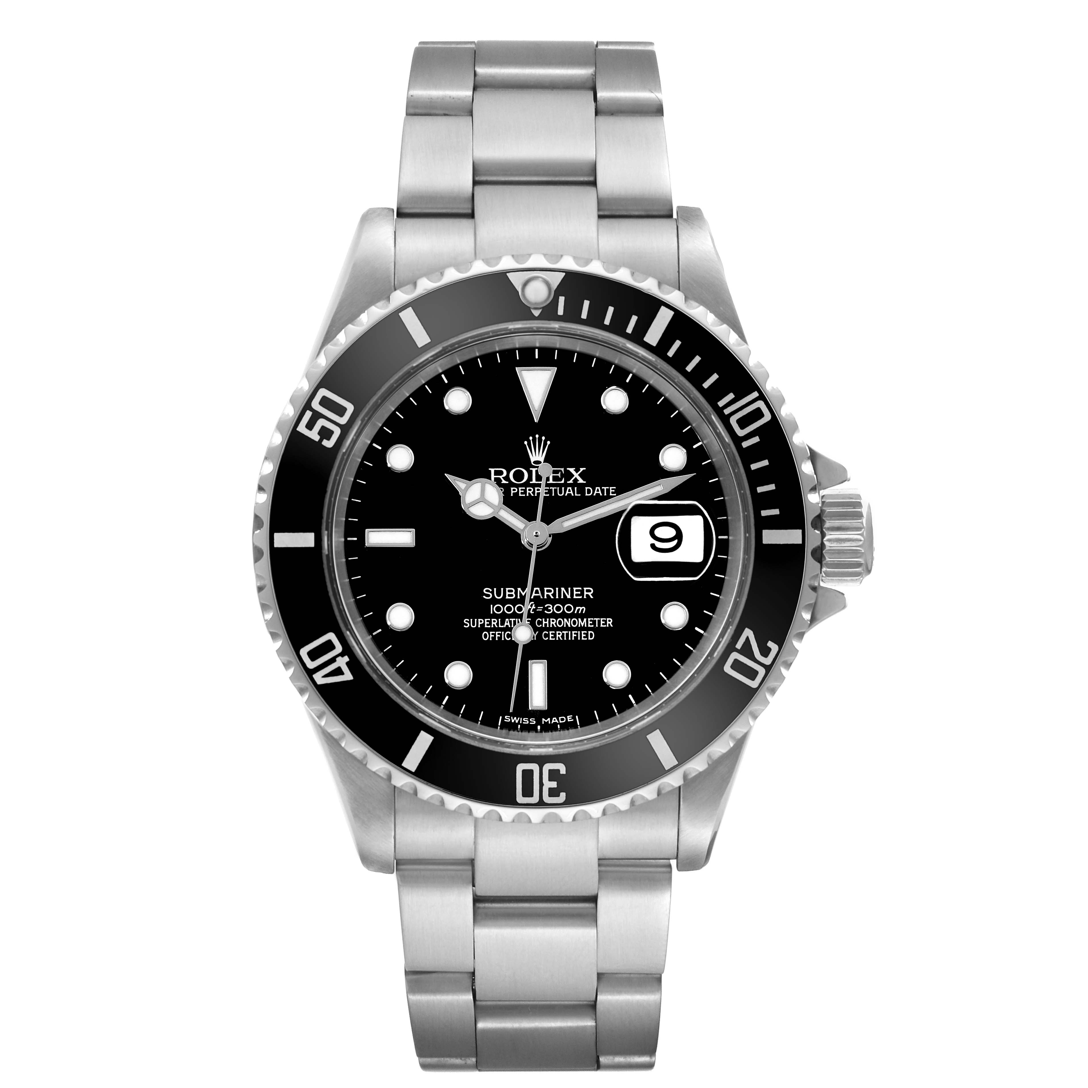 The image shows a Rolex Submariner 16610 Men
s Stainless Steel Black Dial 16610 Men
s Stainless Steel Black Dial watch from a front angle, featuring the dial, bezel, and stainless steel bracelet.