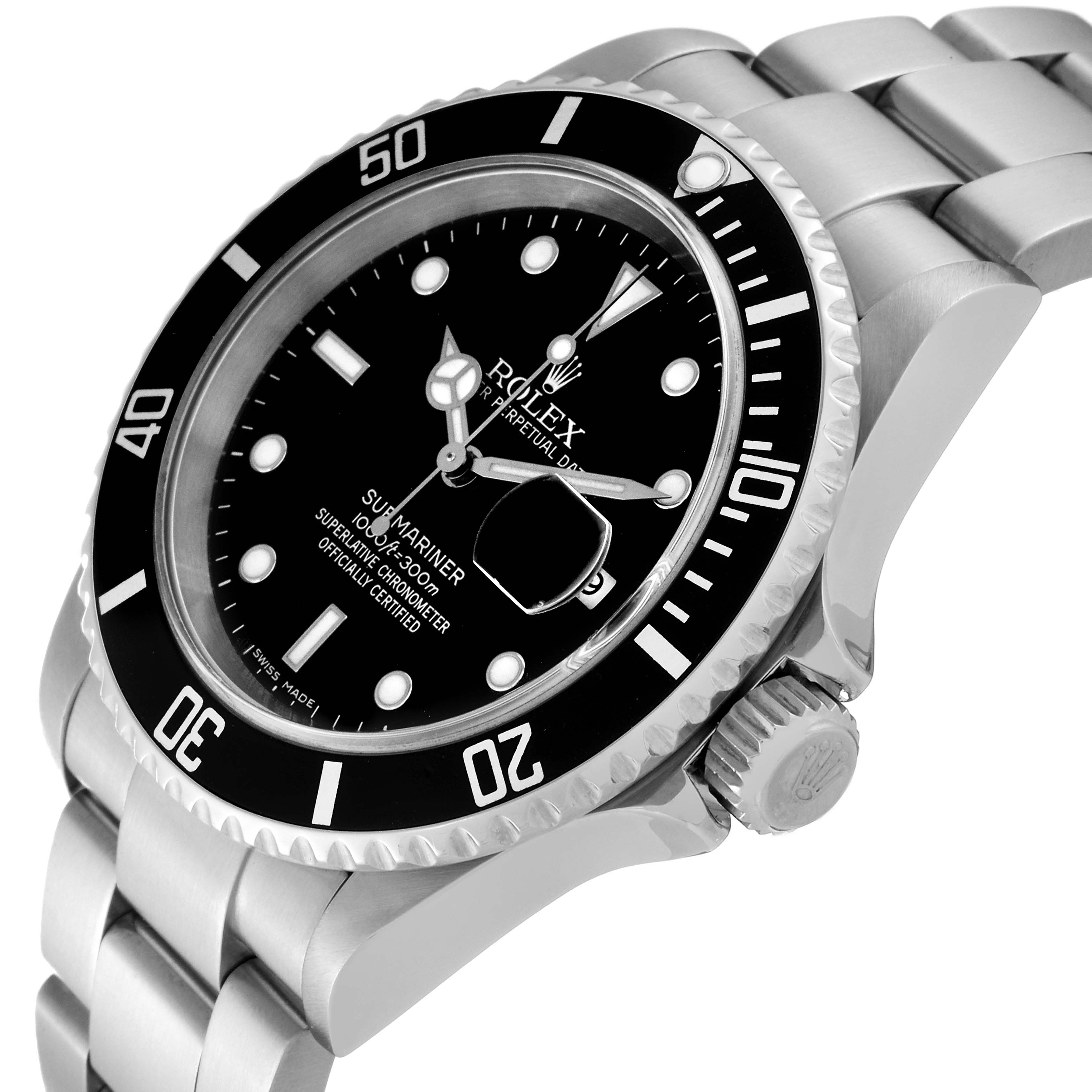 This image shows a Rolex Submariner 16610 Men
s Stainless Steel Black Dial 16610 Men
s Stainless Steel Black Dial watch at an angled close-up, highlighting its dial, bezel, and part of its bracelet.