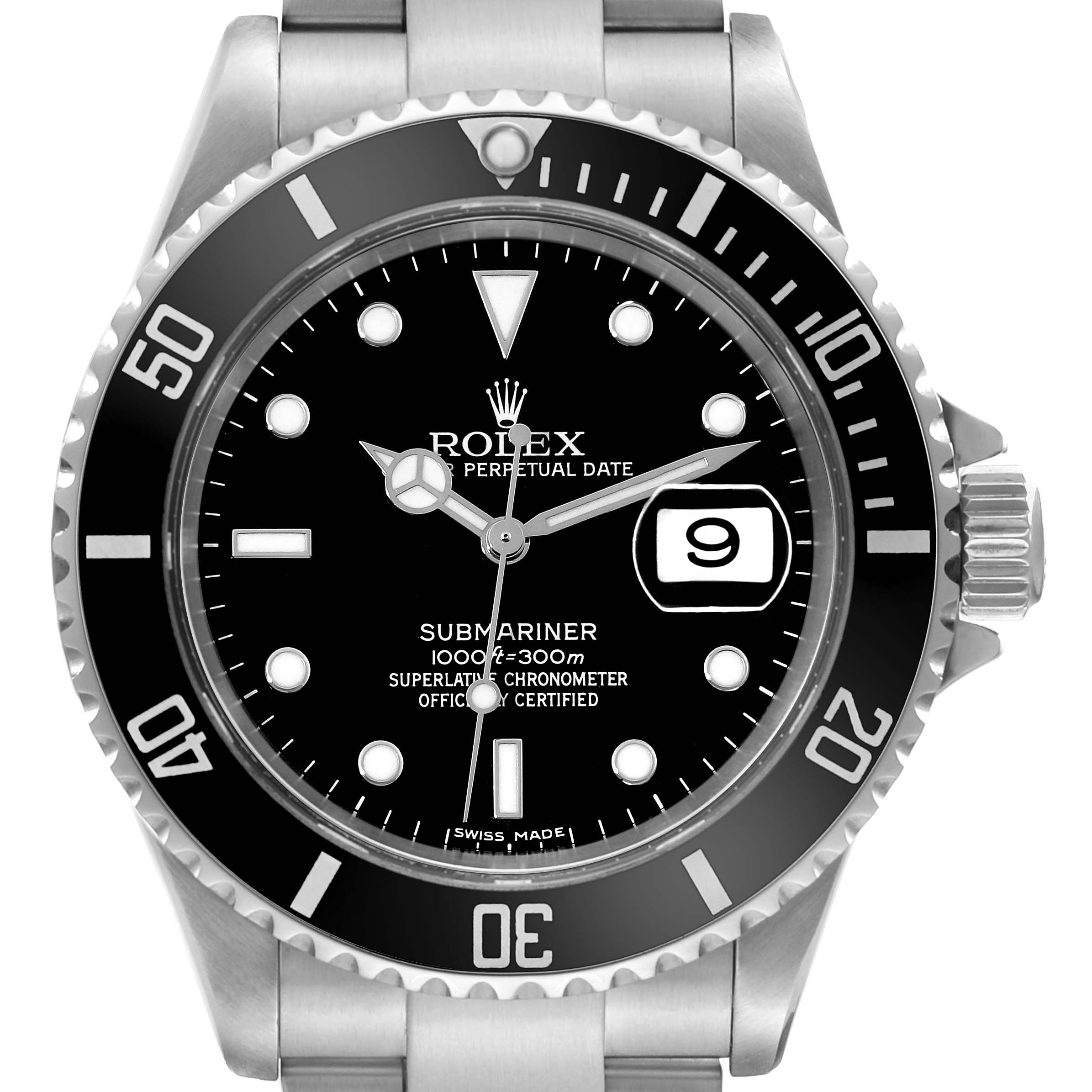 This image shows a front view of the Rolex Submariner 16610 Men
s Stainless Steel Black Dial 16610 Men
s Stainless Steel Black Dial watch, highlighting the dial, bezel, crown, and stainless steel bracelet.