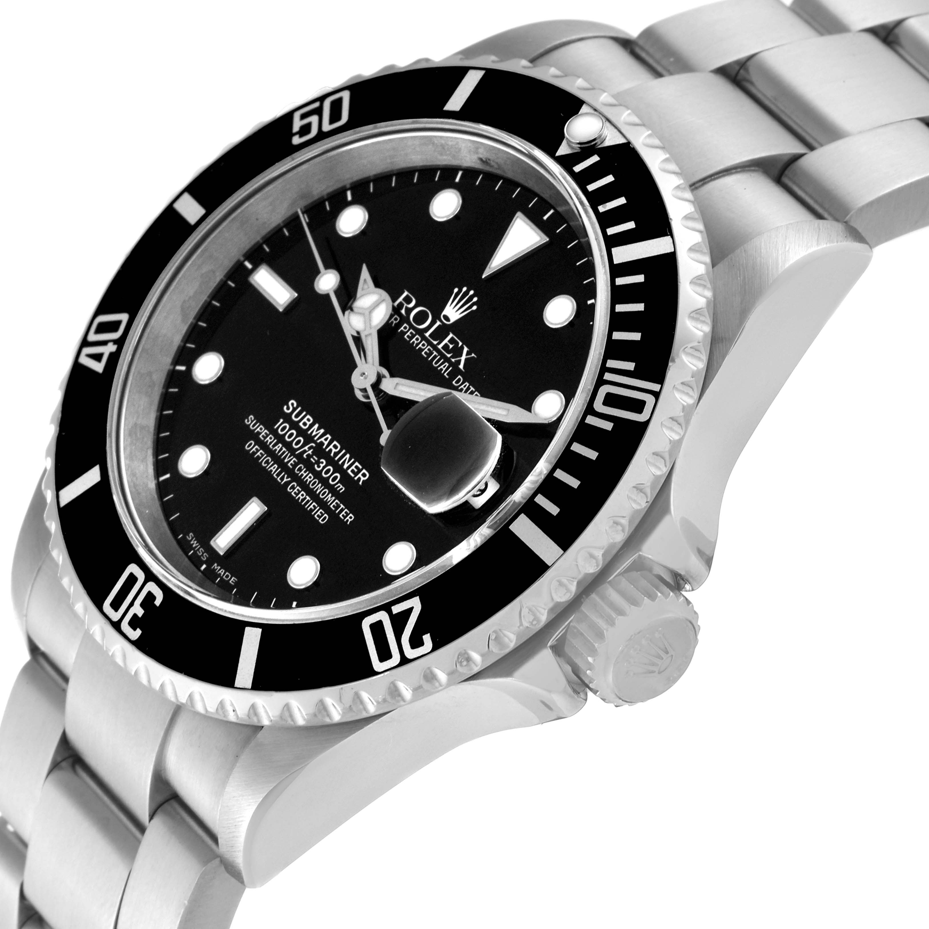 The Rolex Submariner 16610 Men
s Stainless Steel Black Dial 16610 Men
s Stainless Steel Black Dial watch is shown from a three-quarter angle, highlighting the bezel, dial, crown, and bracelet.