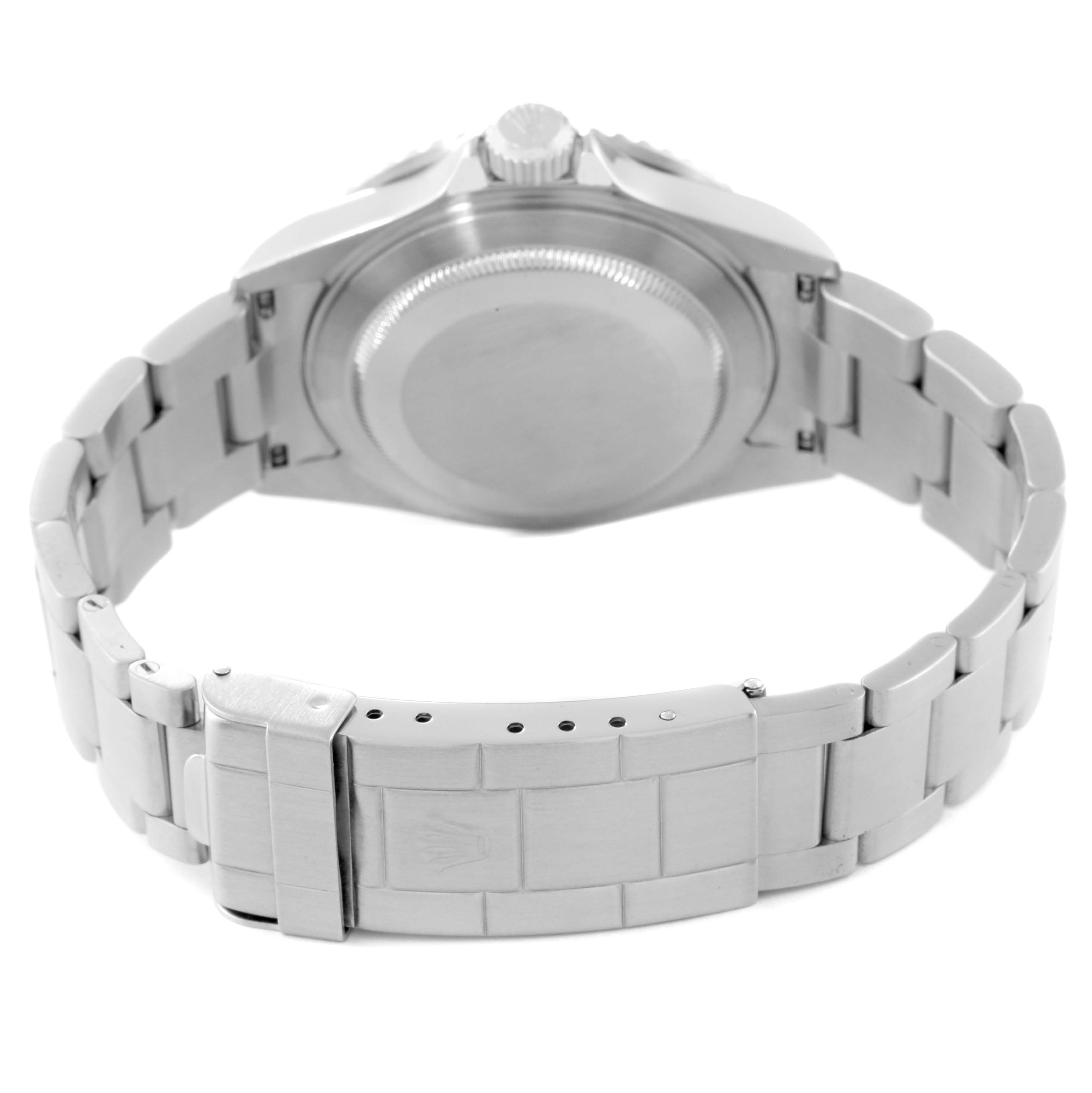 This image shows the back case and bracelet of a Rolex Submariner 16610 Men
s Stainless Steel Black Dial 16610 Men
s Stainless Steel Black Dial watch viewed from the rear angle.