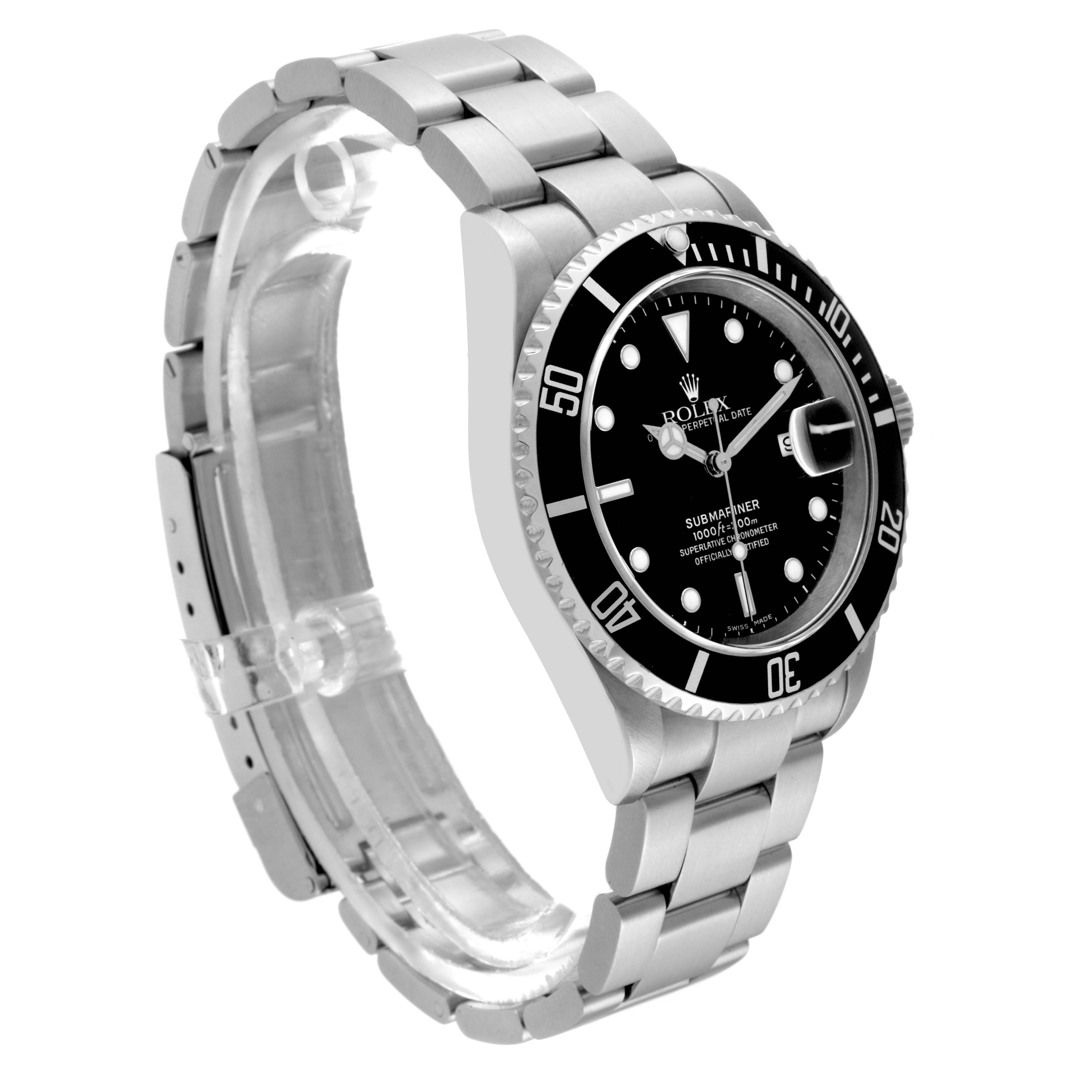 The image shows a Rolex Submariner 16610 Men
s Stainless Steel Black Dial 16610 Men
s Stainless Steel Black Dial watch from a side angle, displaying the face, bezel, and bracelet.