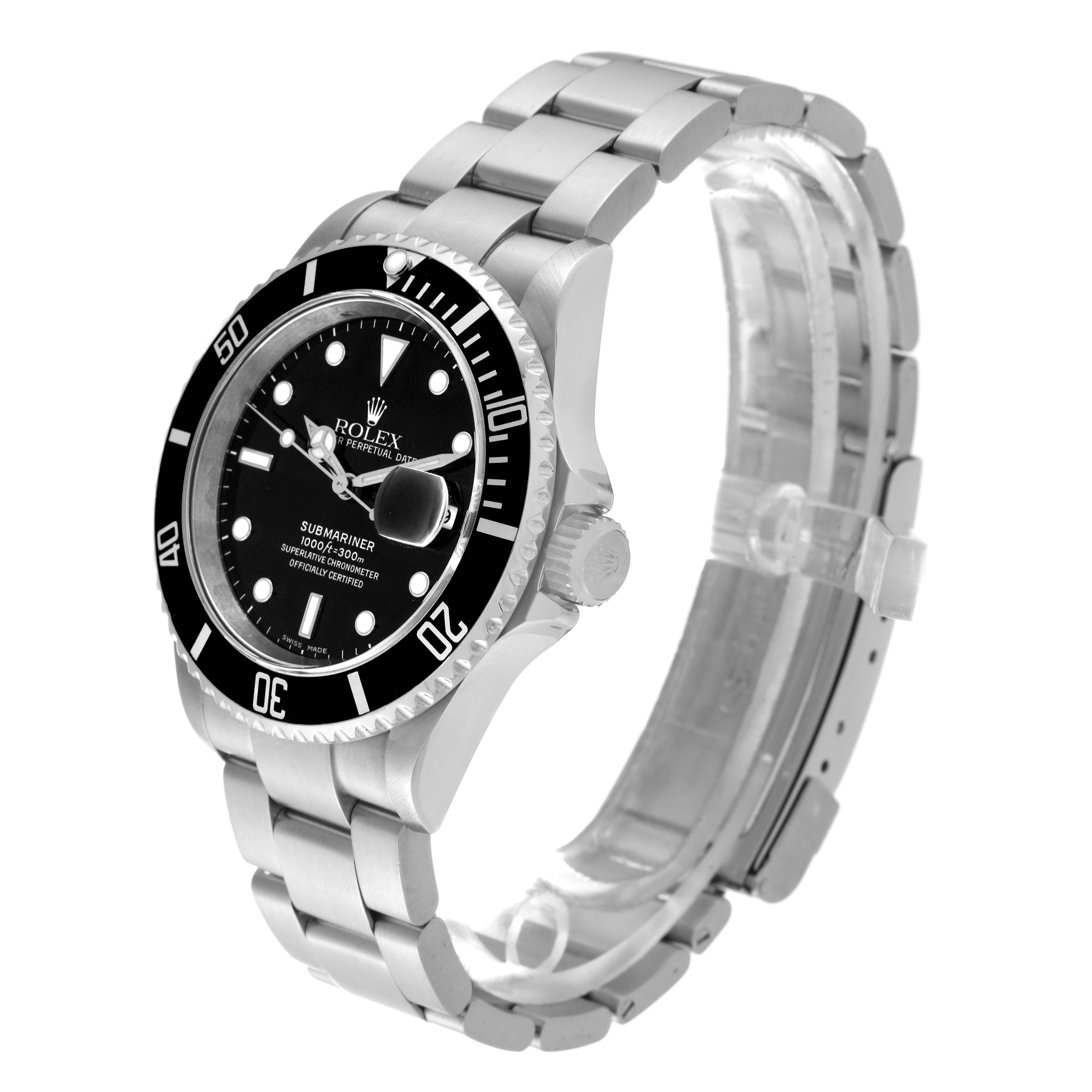 The image shows a side angle of the Rolex Submariner 16610 Men
s Stainless Steel Black Dial 16610 Men
s Stainless Steel Black Dial, highlighting the watch face, bezel, crown, and metal bracelet.