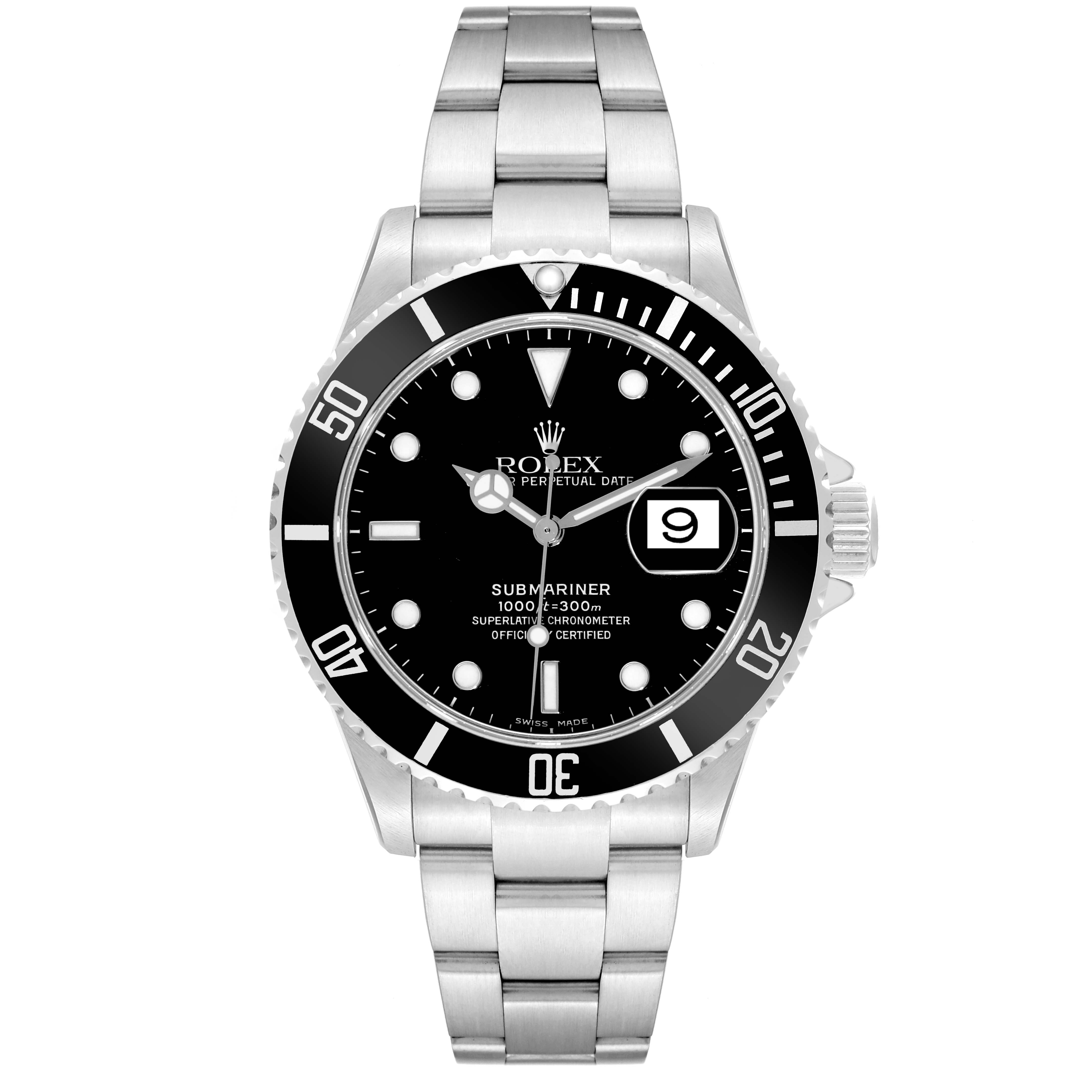 This image shows a front view of the Rolex Submariner 16610 Men
s Stainless Steel Black Dial 16610 Men
s Stainless Steel Black Dial, highlighting its dial, bezel, bracelet, and crown.