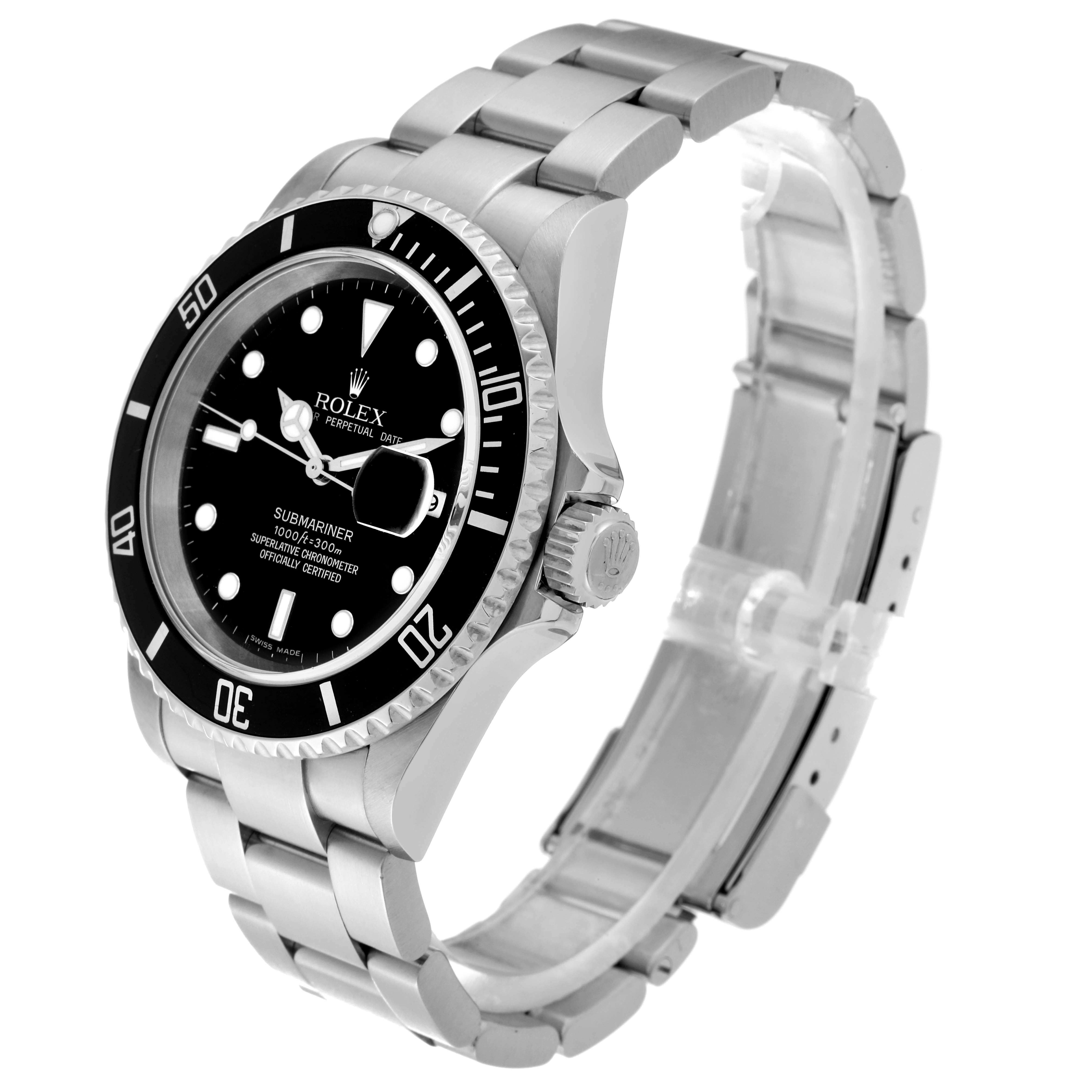 The image shows a Rolex Submariner 16610 Men's Stainless Steel Black Dial 16610 Men's Stainless Steel Black Dial watch from a front-left angle, highlighting its bezel, dial, crown, and metal bracelet.