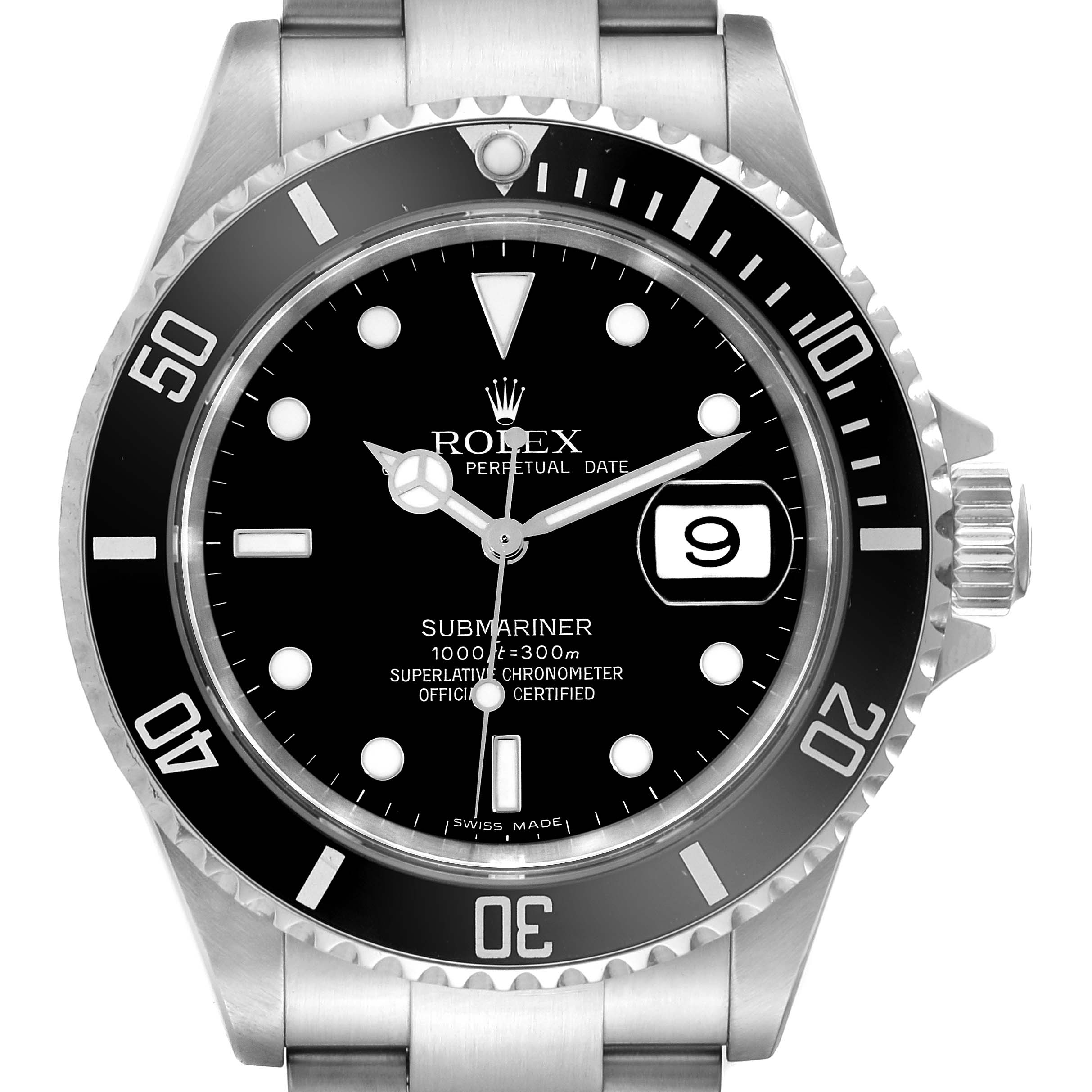 This image shows a straight-on view of the Rolex Submariner 16610 Men's Stainless Steel Black Dial 16610 Men's Stainless Steel Black Dial watch, displaying the dial, bezel, and part of the bracelet.