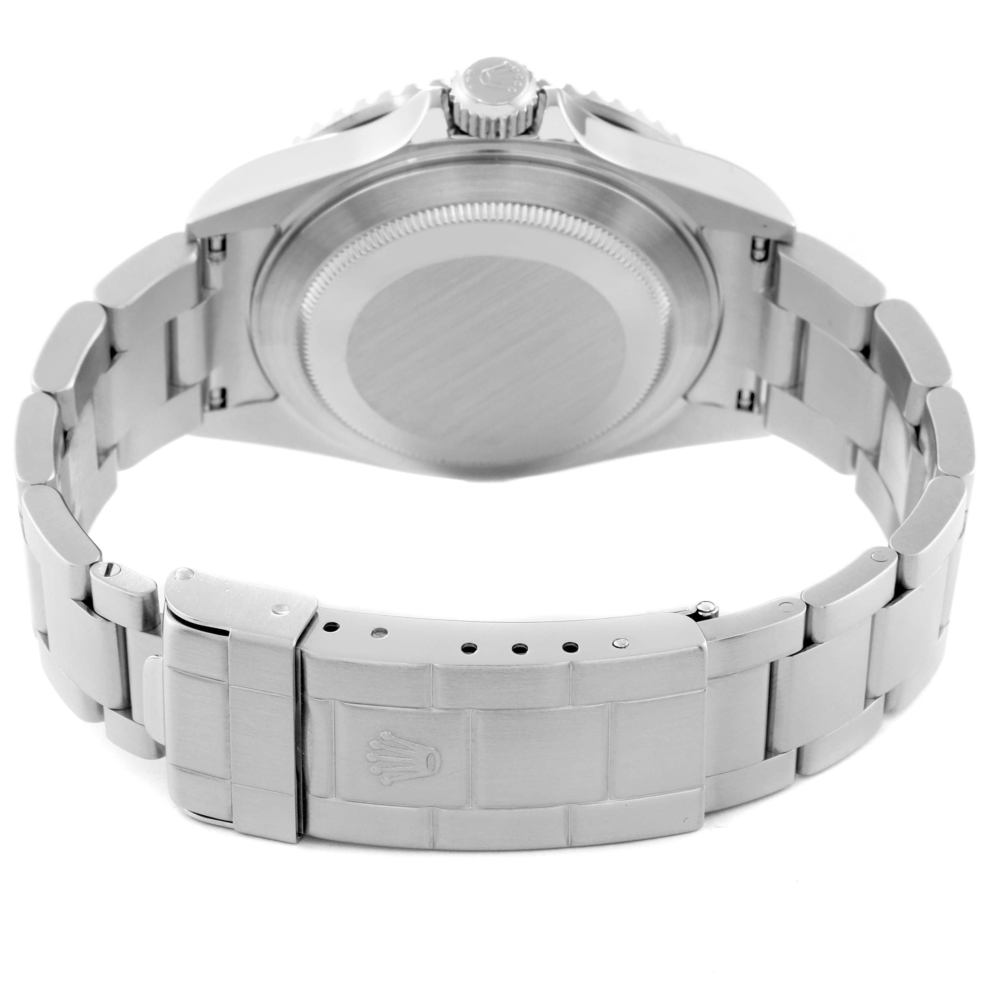 This image shows the back case and bracelet clasp of a Rolex Submariner 16610 Men's Stainless Steel Black Dial 16610 Men's Stainless Steel Black Dial watch from a rear angle.