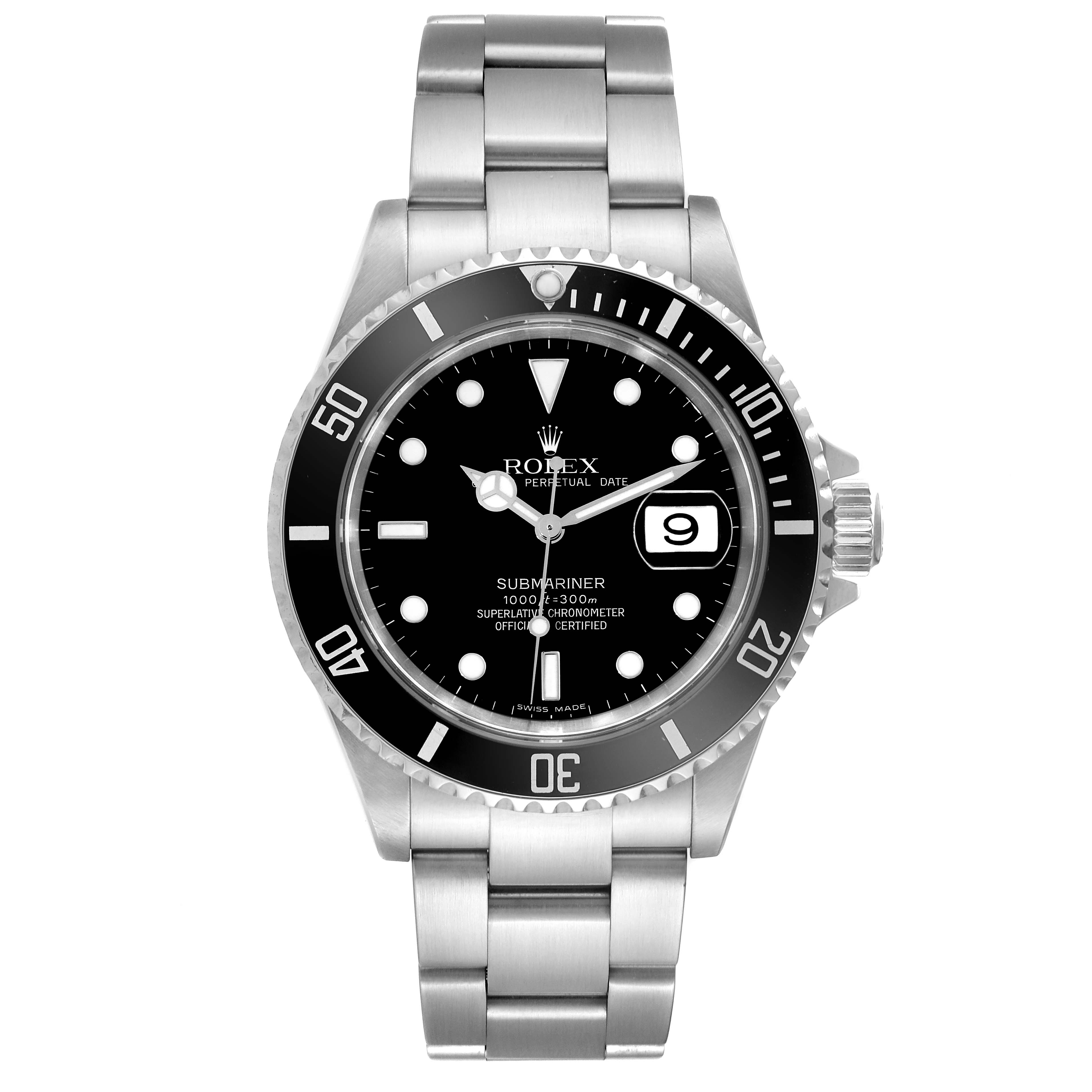 The Rolex Submariner 16610 Men's Stainless Steel Black Dial 16610 Men's Stainless Steel Black Dial model is shown from the front, displaying its dial, bezel, and bracelet.