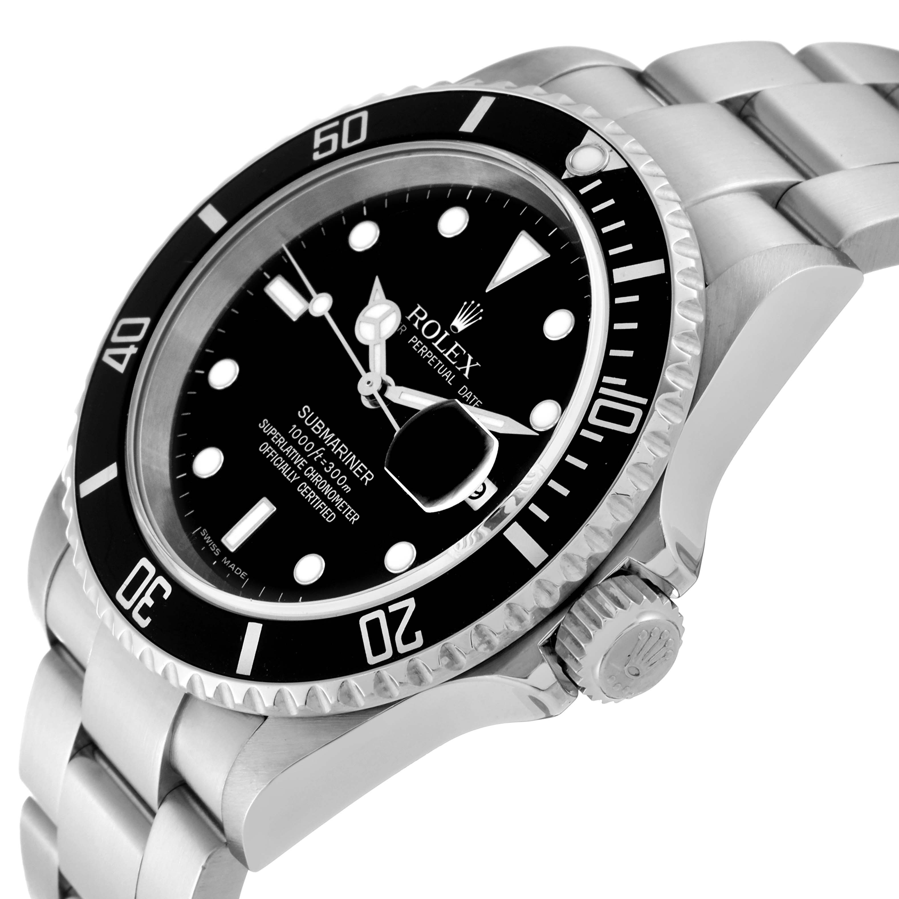 The image shows a close-up side angle of the Rolex Submariner 16610 Men's Stainless Steel Black Dial 16610 Men's Stainless Steel Black Dial watch, highlighting the bezel, dial, and crown.