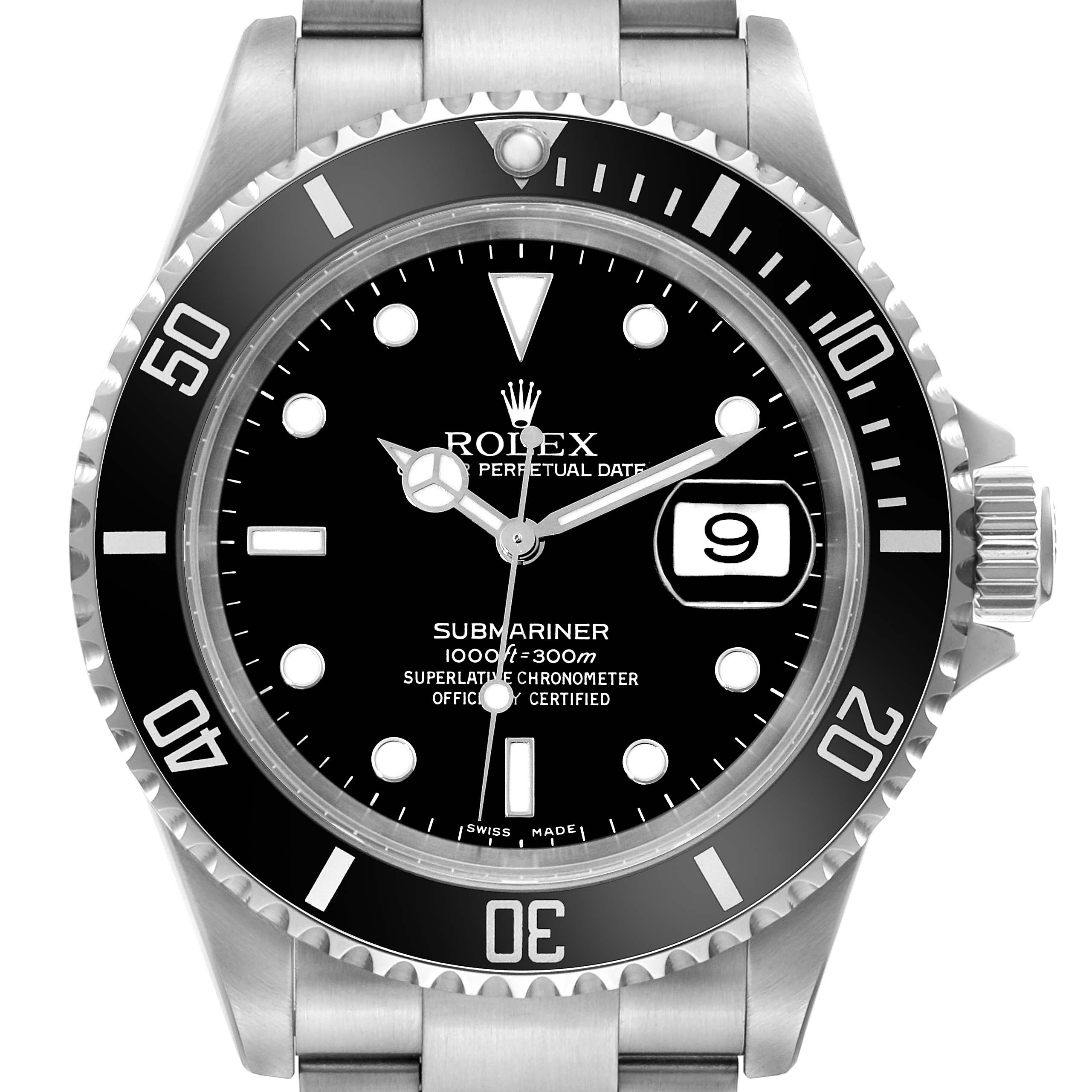 The image shows a front-facing view of the Rolex Submariner 16610 Men
s Stainless Steel Black Dial 16610 Men
s Stainless Steel Black Dial, highlighting its dial, bezel, hands, and bracelet.