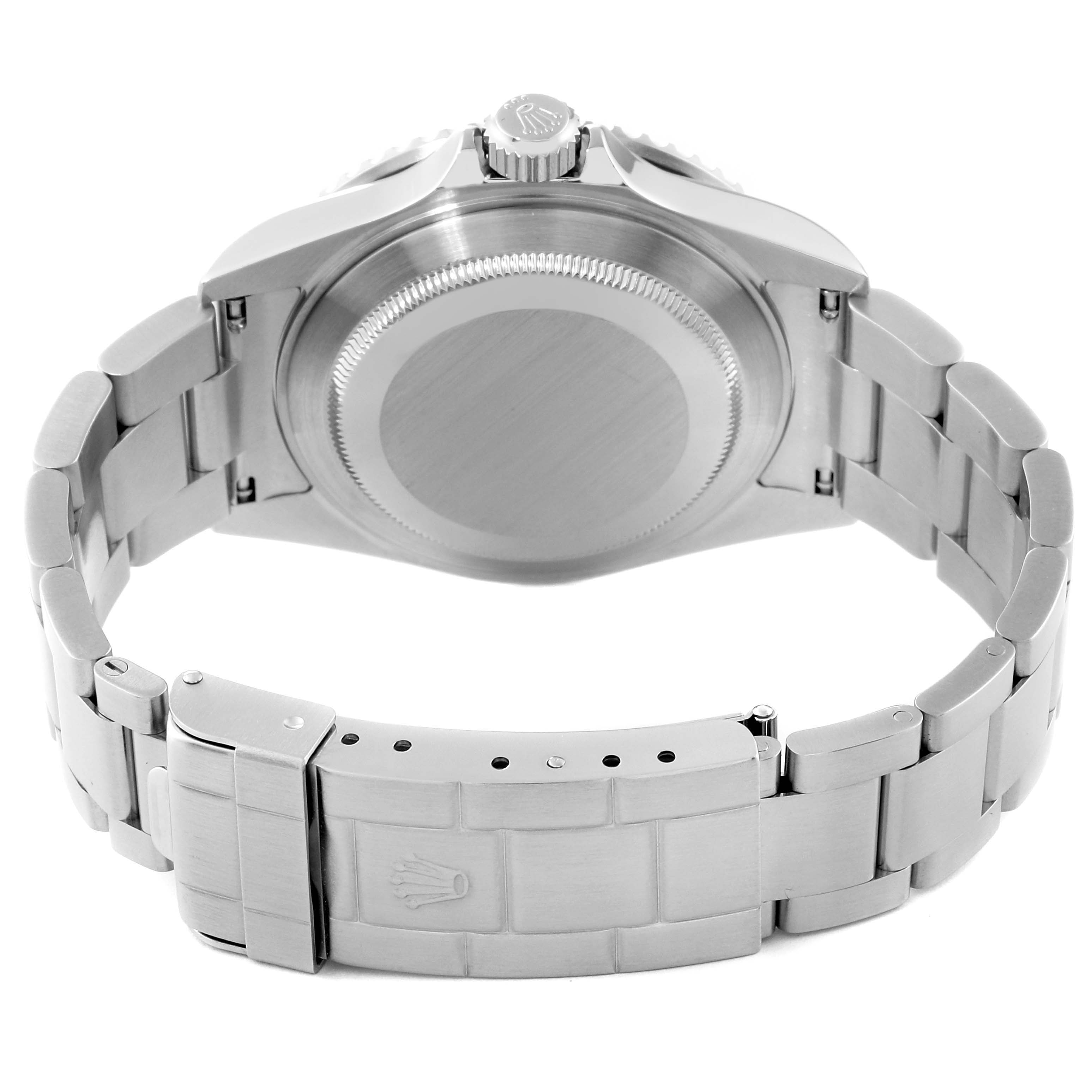 The image shows the back view of a Rolex Submariner 16610 Men
s Stainless Steel Black Dial 16610 Men
s Stainless Steel Black Dial watch, displaying the case back, crown, and bracelet clasp.