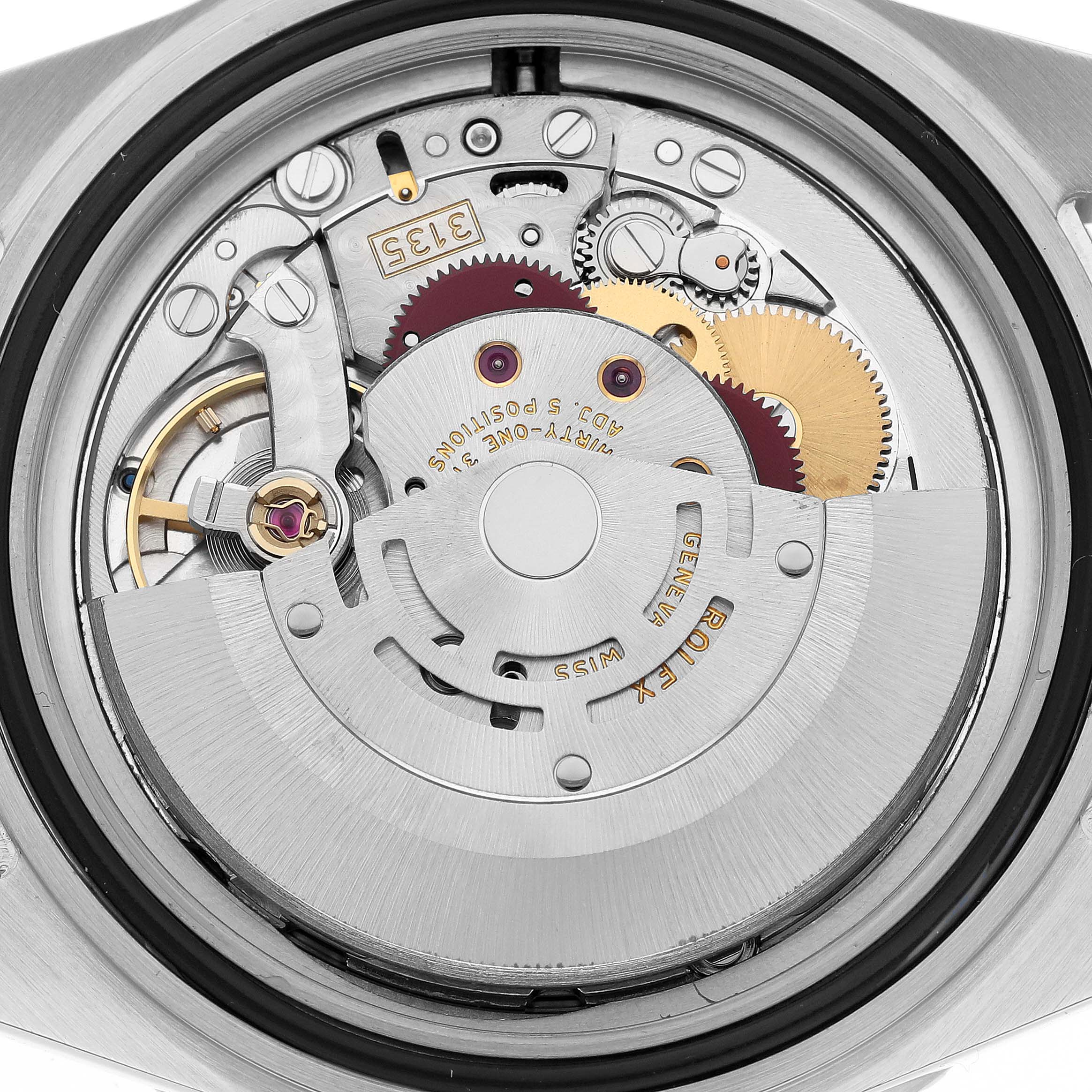 The image shows the internal movement mechanism of a Rolex Submariner 16610 Men
s Stainless Steel Black Dial 16610 Men
s Stainless Steel Black Dial watch viewed from the back.
