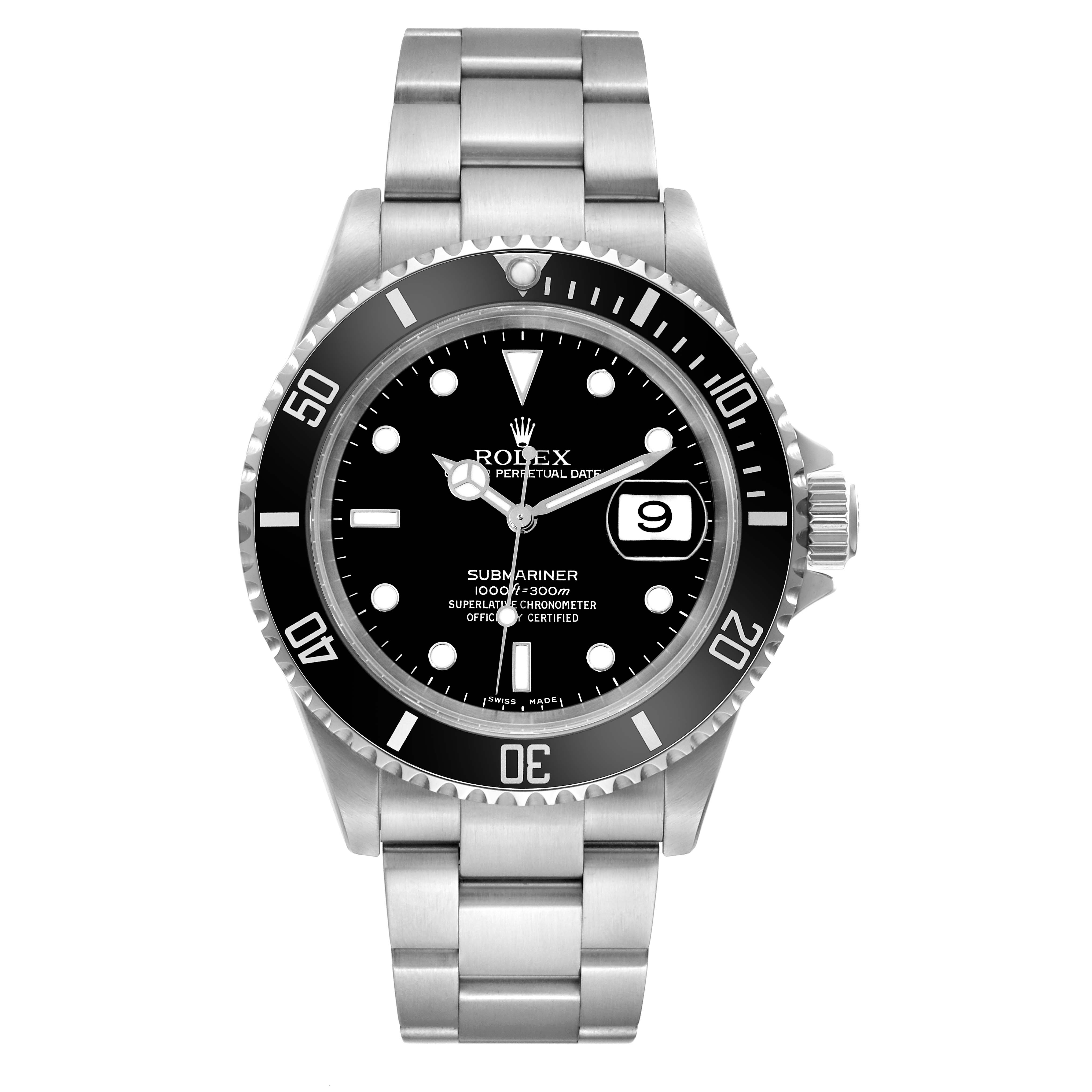 The image shows the front angle of a Rolex Submariner 16610 Men
s Stainless Steel Black Dial 16610 Men
s Stainless Steel Black Dial watch, displaying the dial, bezel, and bracelet.