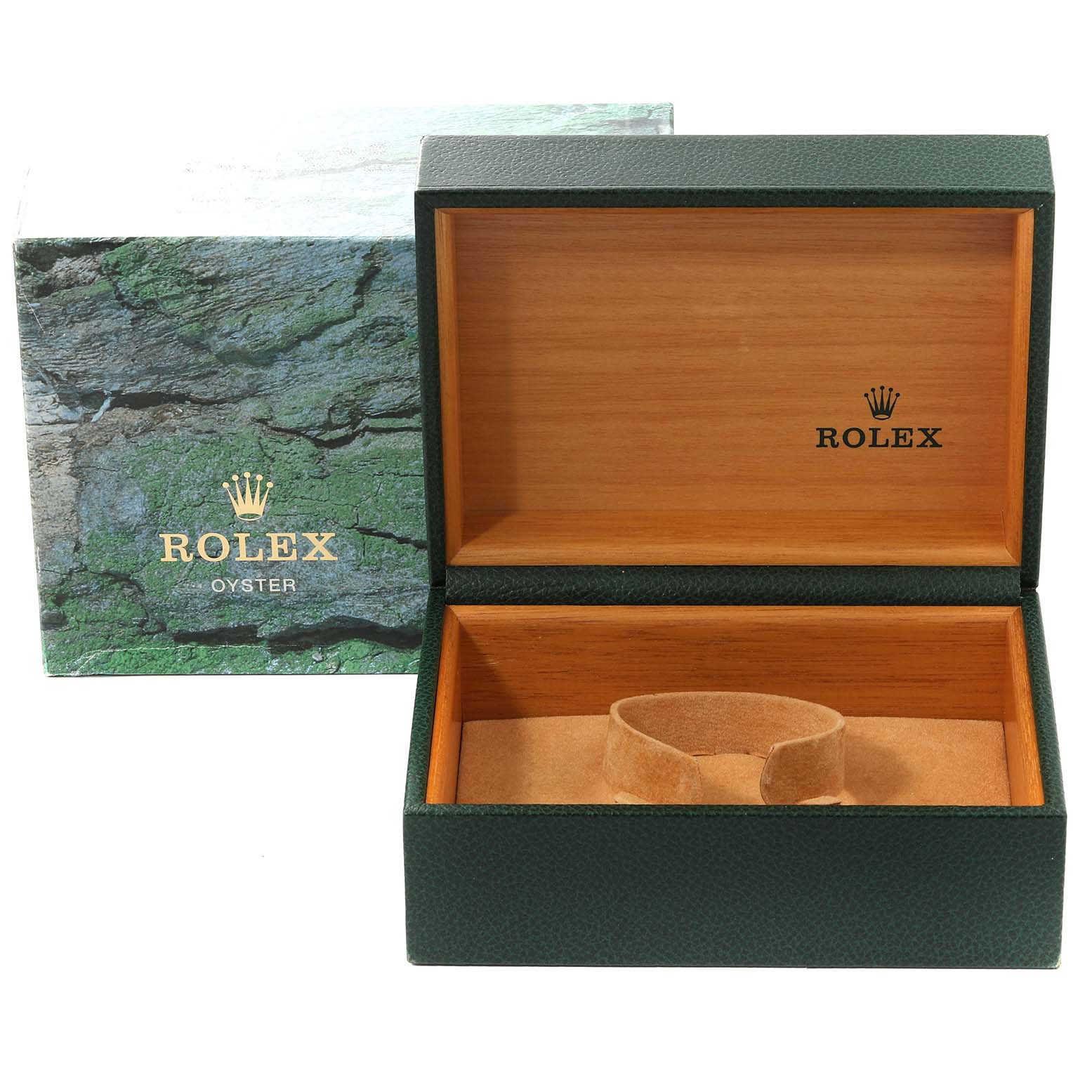 This image shows an open Rolex box for the Submariner model, with both the inner wooden and outer green textured box visible.