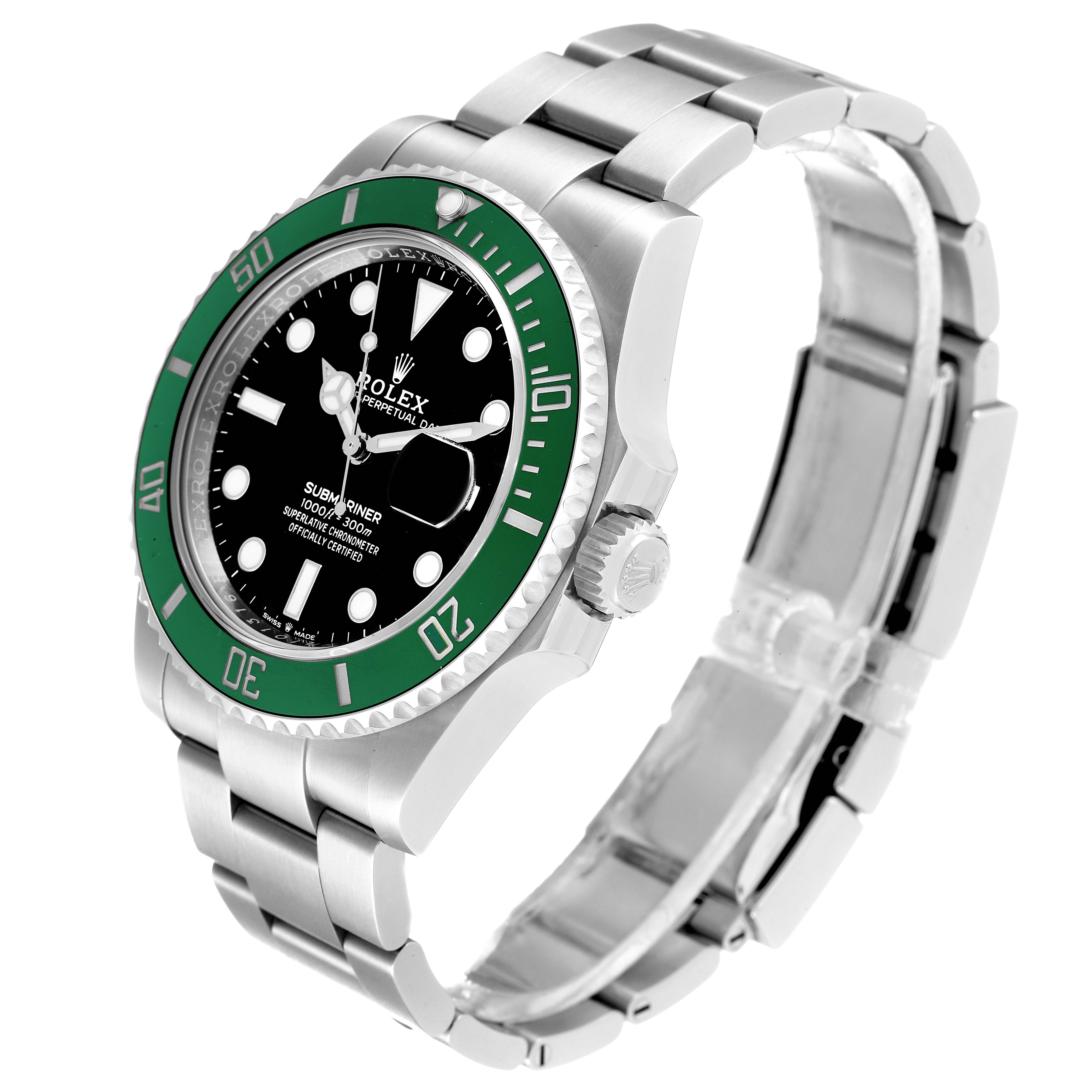 The image shows a Rolex Submariner 126610LV Men's Stainless Steel Black Dial 126610LV Men's Stainless Steel Black Dial watch angled to display the face, bezel, and bracelet.