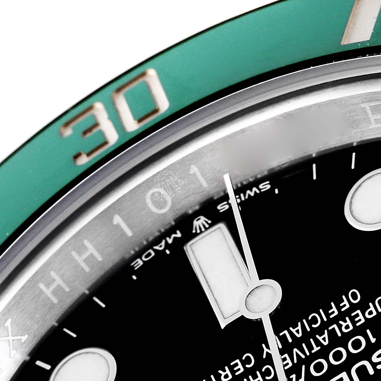 This close-up shows the bezel and part of the dial of a Rolex Submariner 126610LV Men's Stainless Steel Black Dial 126610LV Men's Stainless Steel Black Dial, including the 30-minute marker and dial text.