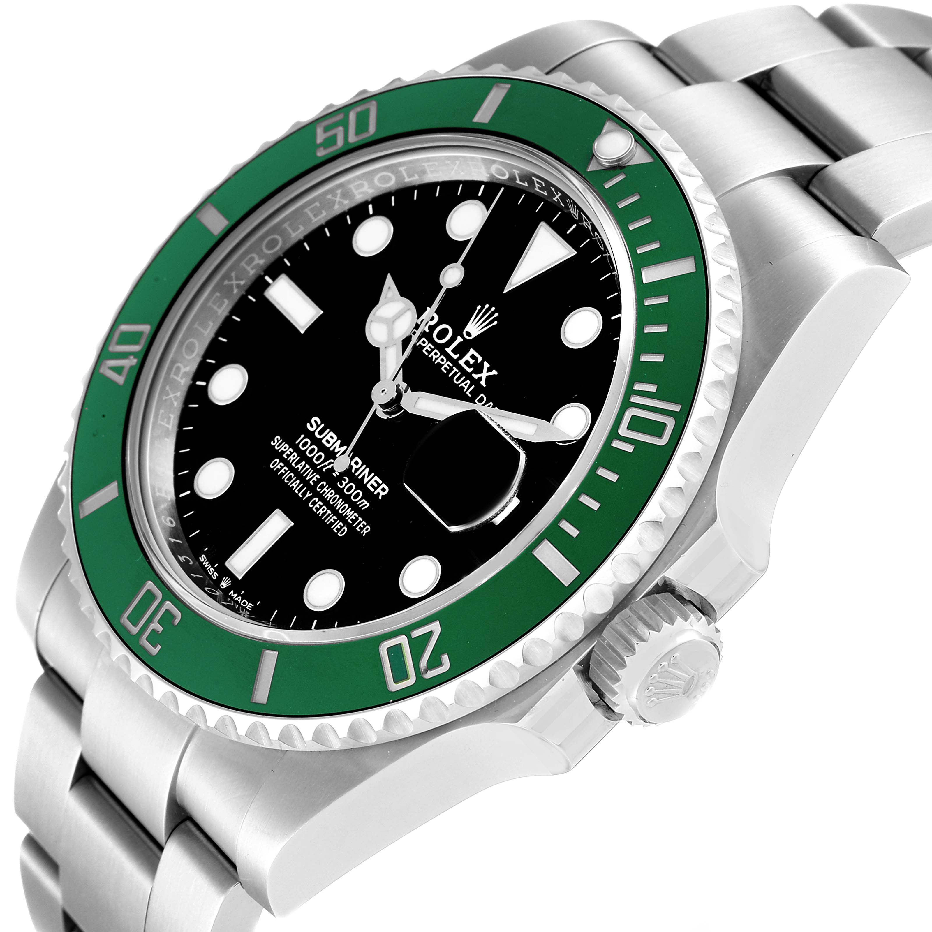 The image shows a close-up angled view of a Rolex Submariner 126610LV Men's Stainless Steel Black Dial 126610LV Men's Stainless Steel Black Dial watch, highlighting the bezel, dial, and crown.