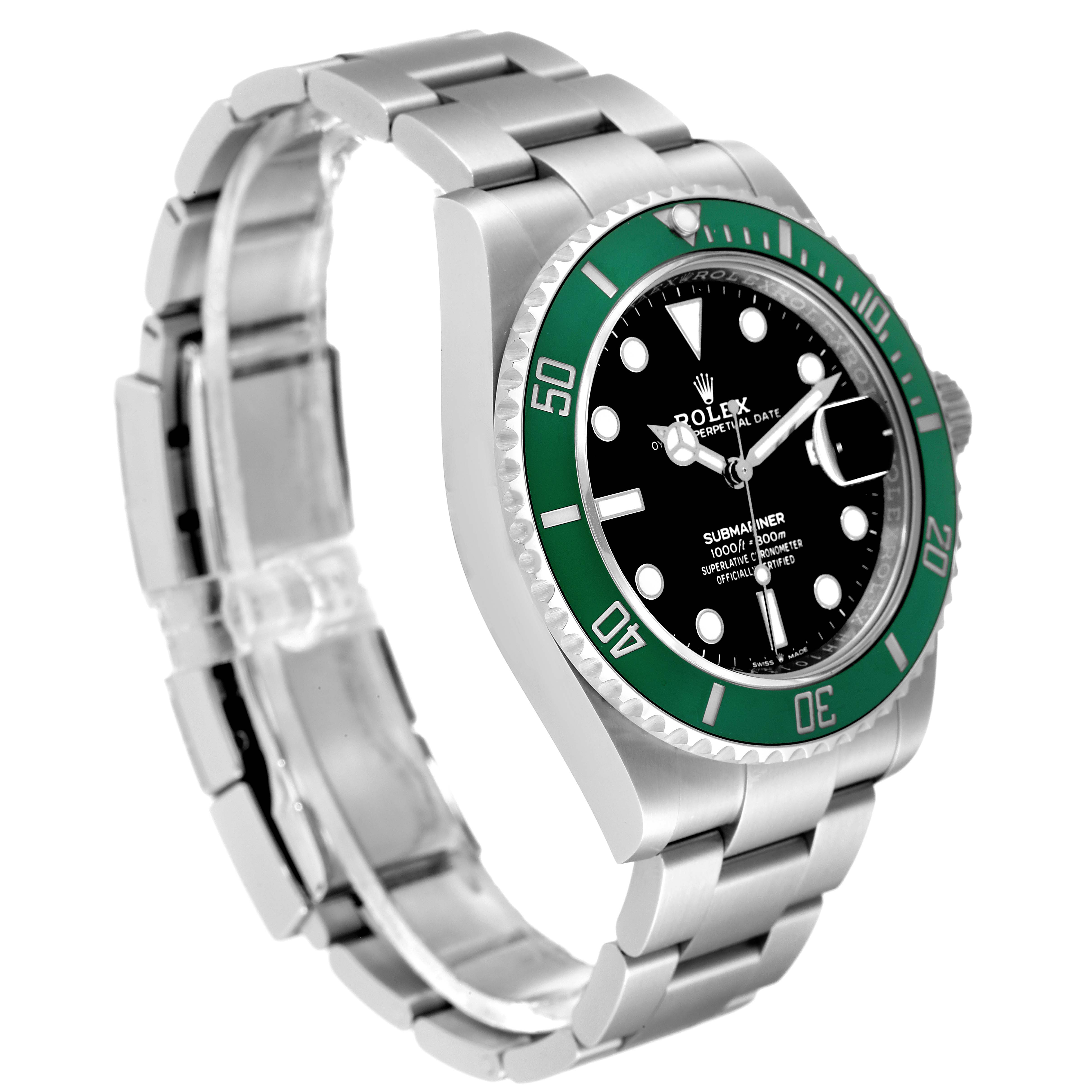 This image shows a Rolex Submariner 126610LV Men's Stainless Steel Black Dial 126610LV Men's Stainless Steel Black Dial watch angled to display its face, bezel, case, and bracelet.