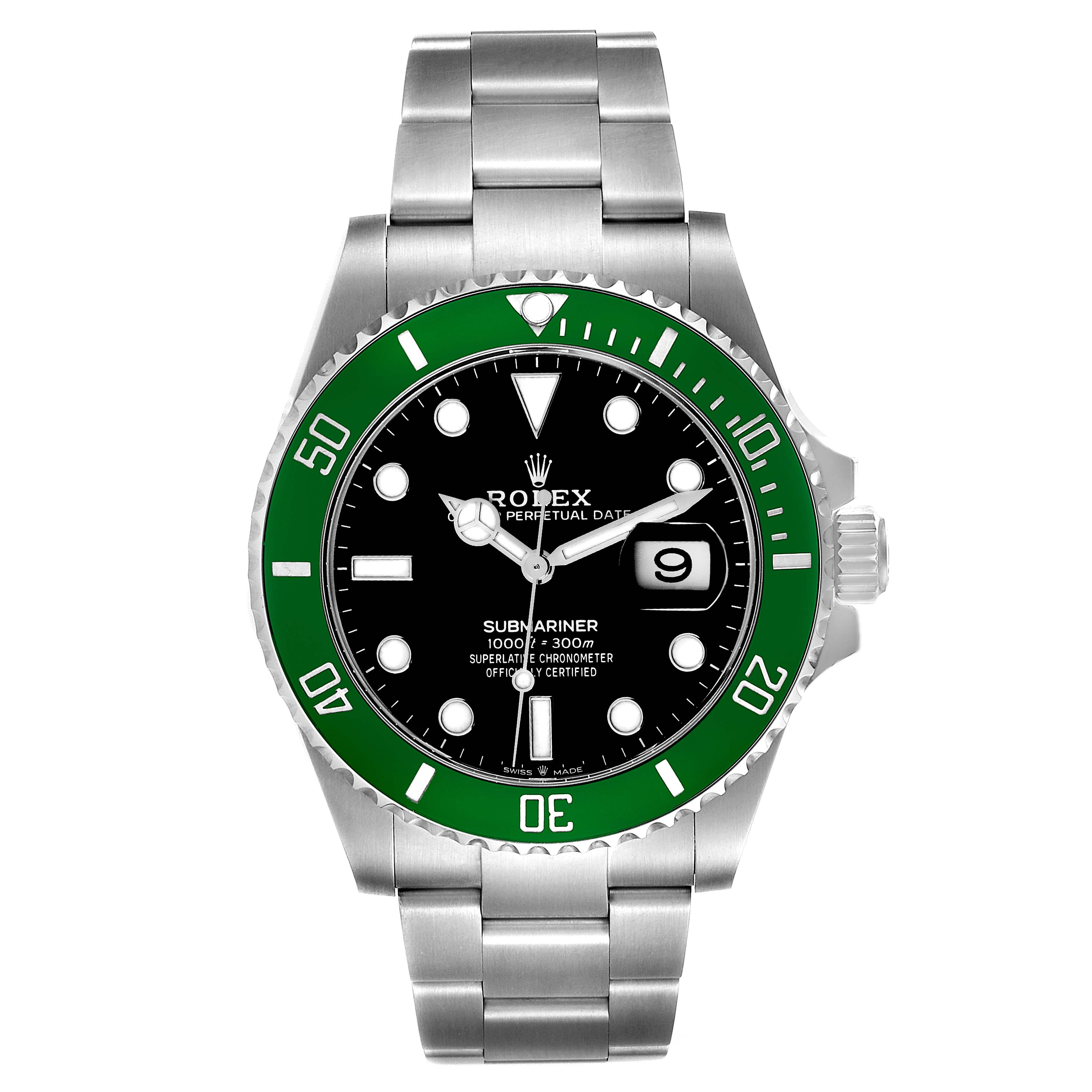 The image shows a front view of a Rolex Submariner 126610LV Men's Stainless Steel Black Dial 126610LV Men's Stainless Steel Black Dial watch, highlighting the dial, bezel, bracelet, and date window.