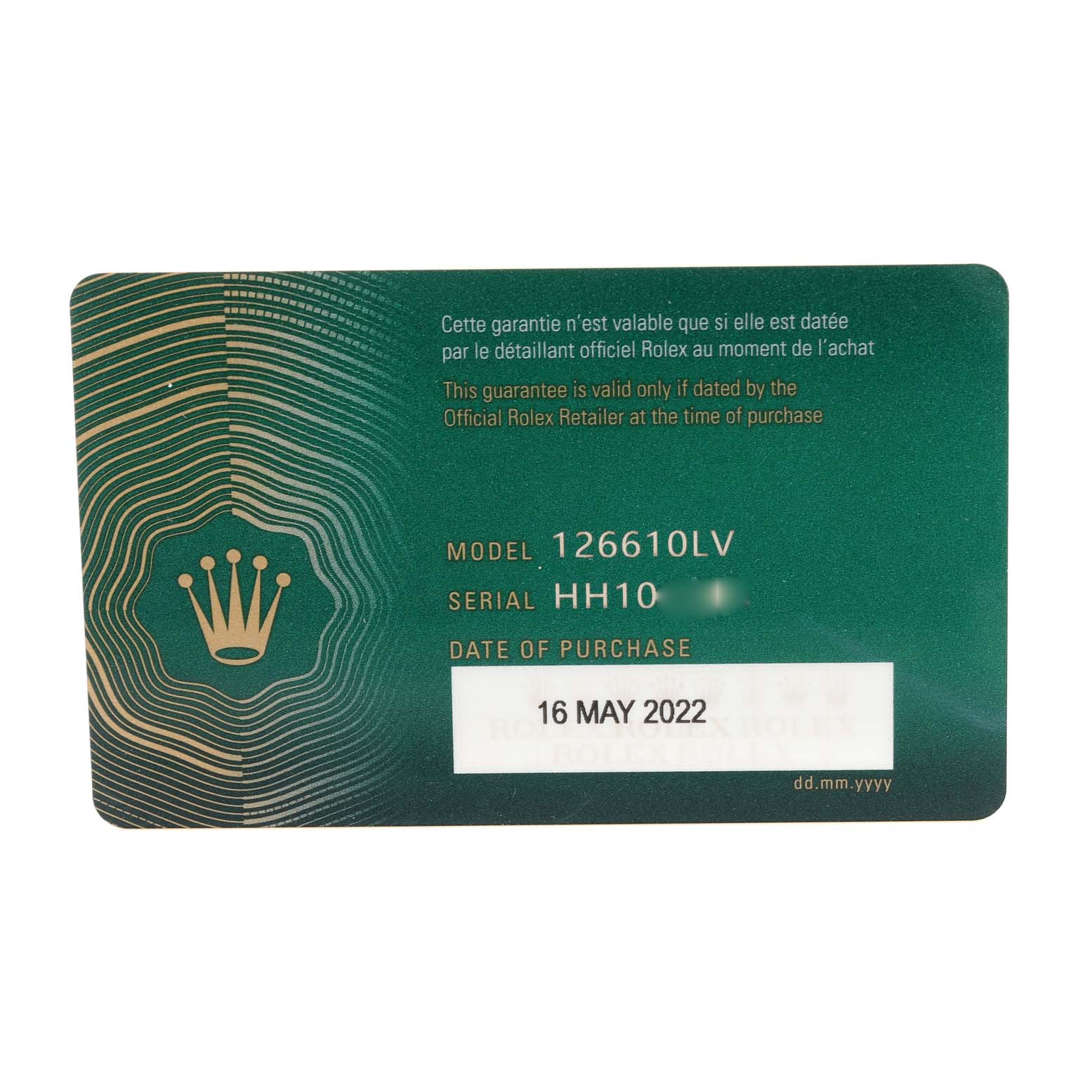 This is a warranty card for a Rolex Submariner 126610LV Men's Stainless Steel Black Dial 126610LV Men's Stainless Steel Black Dial model 126610LV, showing the serial number and date of purchase.