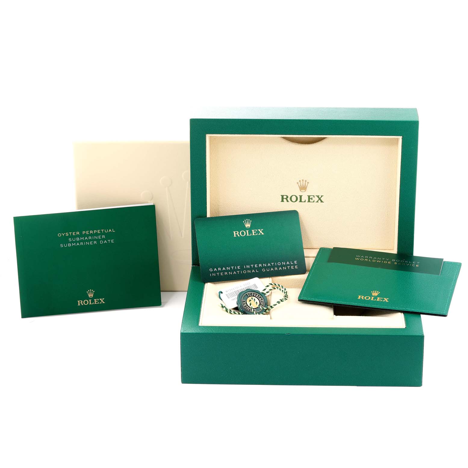 The image shows a Rolex Submariner 126610LV Men's Stainless Steel Black Dial 126610LV Men's Stainless Steel Black Dial watch box, warranty cards, tags, and certification papers.