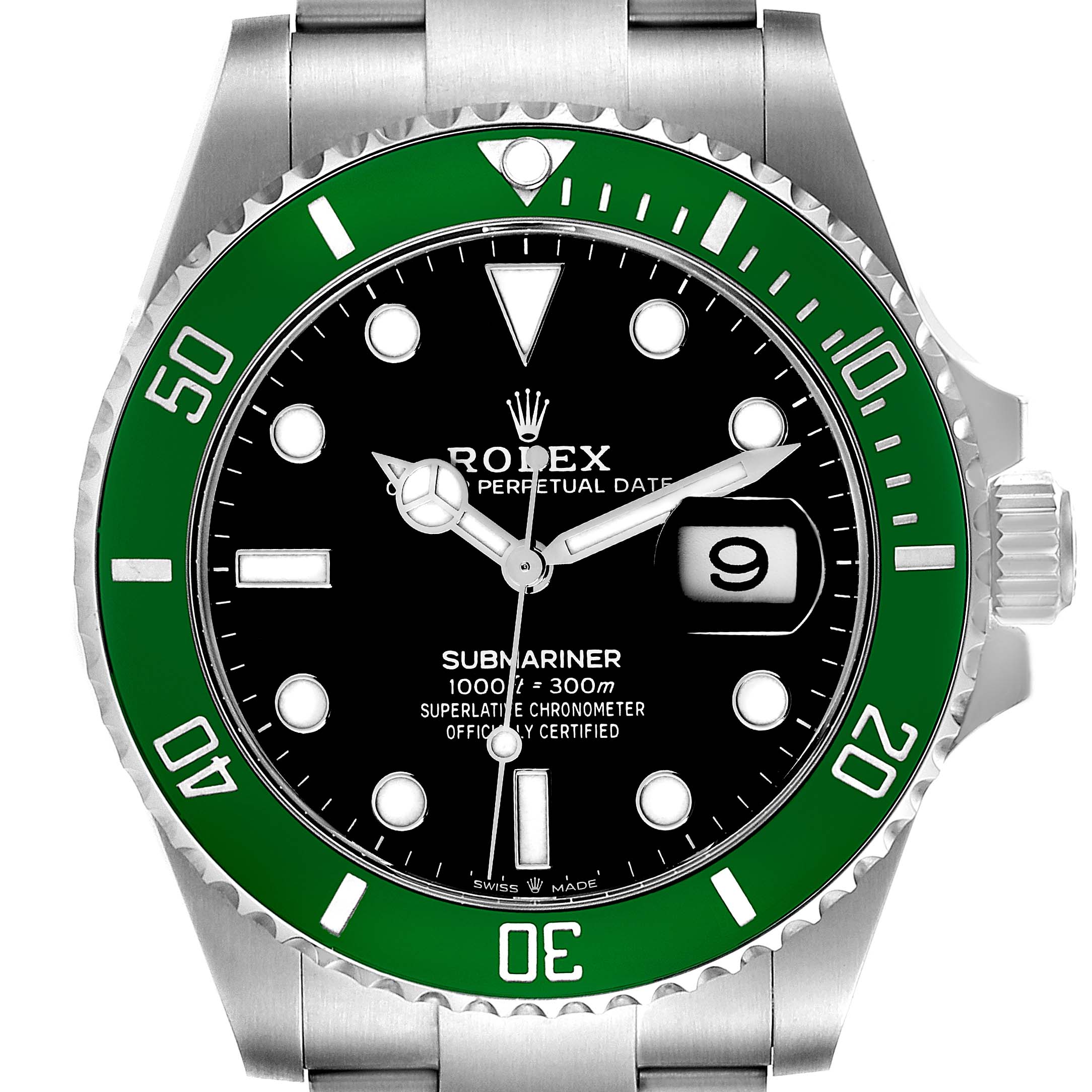 The image shows a Rolex Submariner 126610LV Men's Stainless Steel Black Dial 126610LV Men's Stainless Steel Black Dial watch captured from a front angle, highlighting the dial and green bezel.