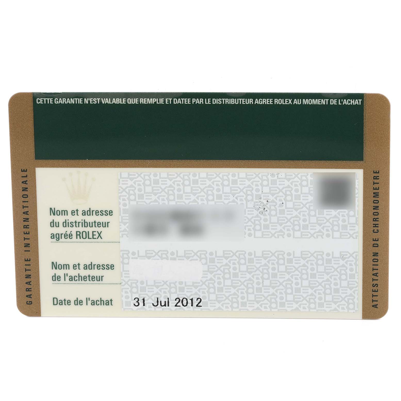 This is a close-up image of the warranty card for a Rolex Submariner 116610LV Men
s Stainless Steel Green Dial 116610LV Men
s Stainless Steel Green Dial, showing purchase details and dealer information.