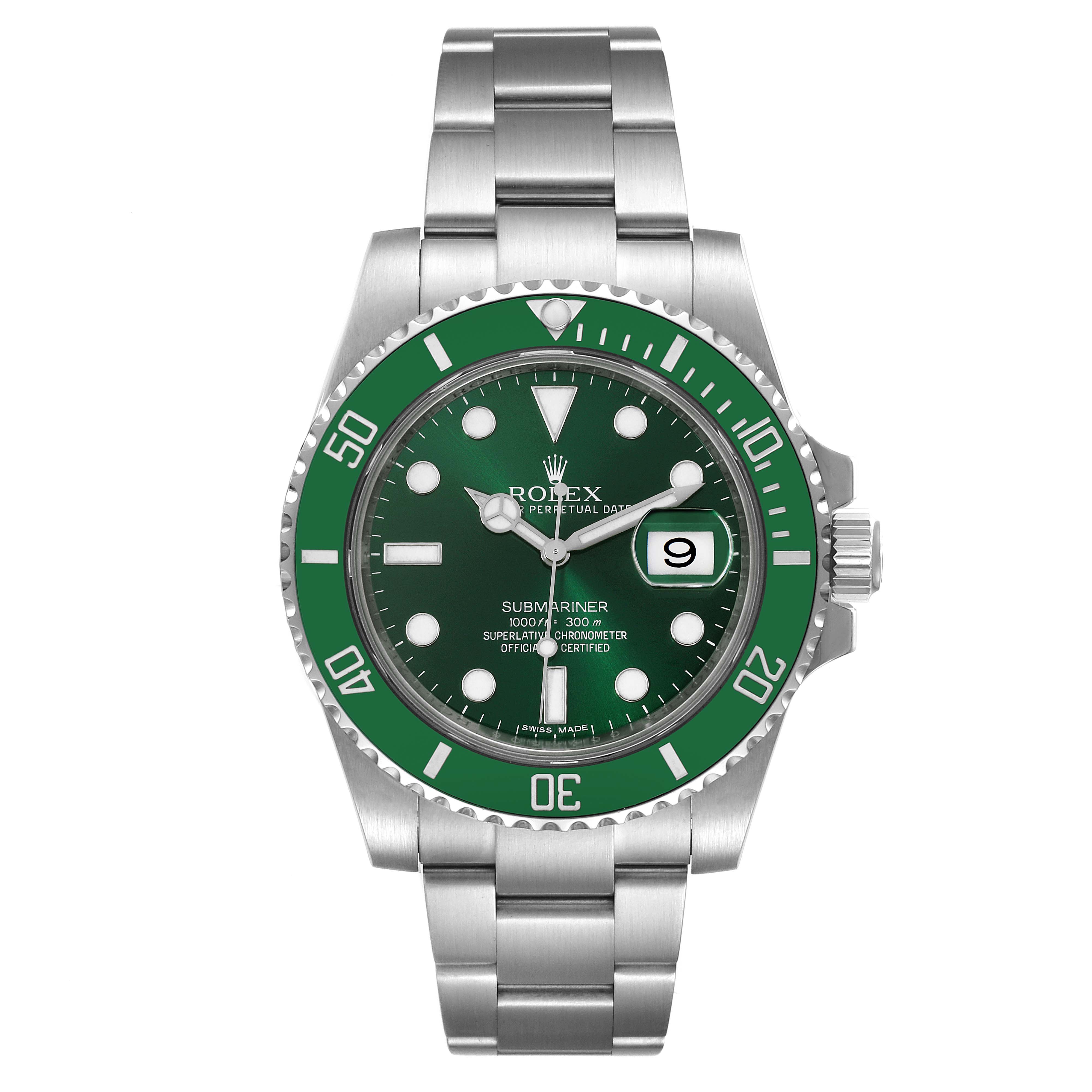 This is a front view of a Rolex Submariner 116610LV Men
s Stainless Steel Green Dial 116610LV Men
s Stainless Steel Green Dial watch showing the dial, bezel, crown, and bracelet.