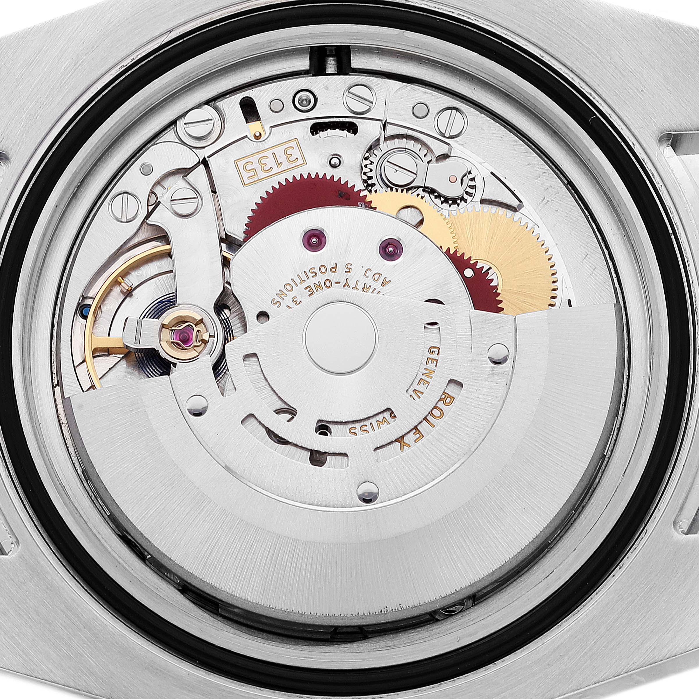 This image shows the internal mechanical movement of a Rolex Submariner 116610LV Men
s Stainless Steel Green Dial 116610LV Men
s Stainless Steel Green Dial watch from a close-up rear angle.