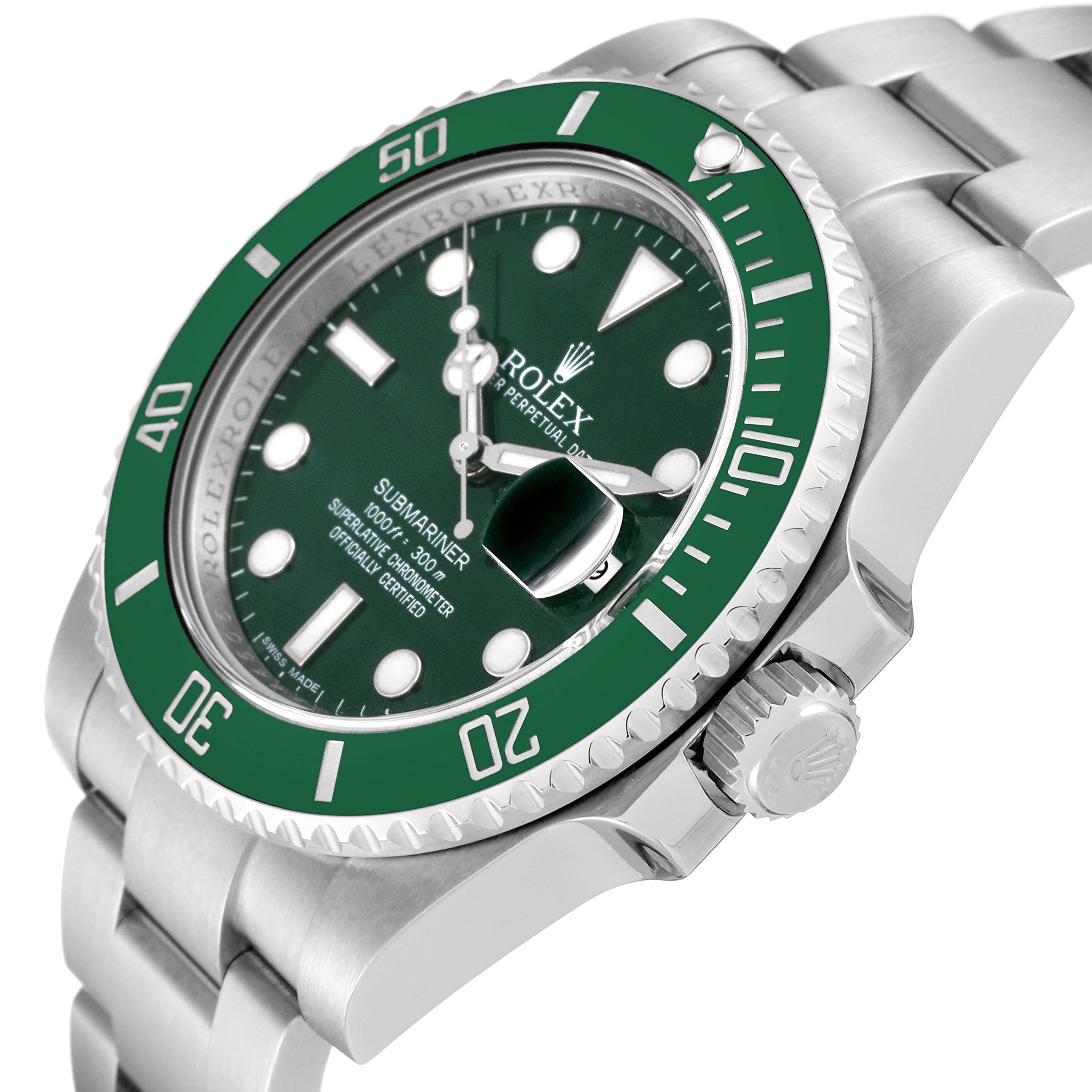 This image shows a side angle of the Rolex Submariner 116610LV Men
s Stainless Steel Green Dial 116610LV Men
s Stainless Steel Green Dial watch, highlighting the bezel, dial, crown, and part of the bracelet.