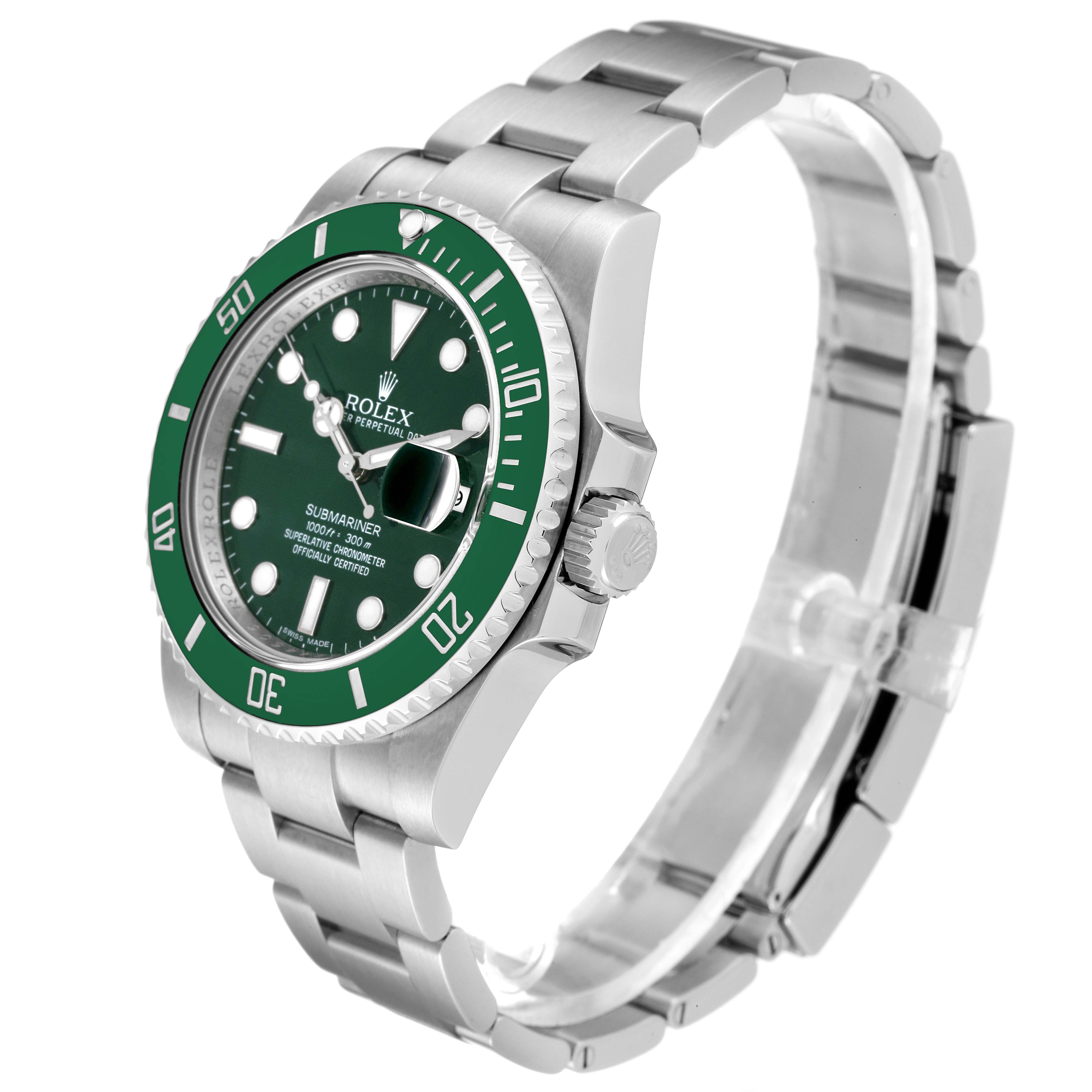 The Rolex Submariner 116610LV Men
s Stainless Steel Green Dial 116610LV Men
s Stainless Steel Green Dial watch is shown at an angled view highlighting its green bezel, dial, and stainless steel bracelet.