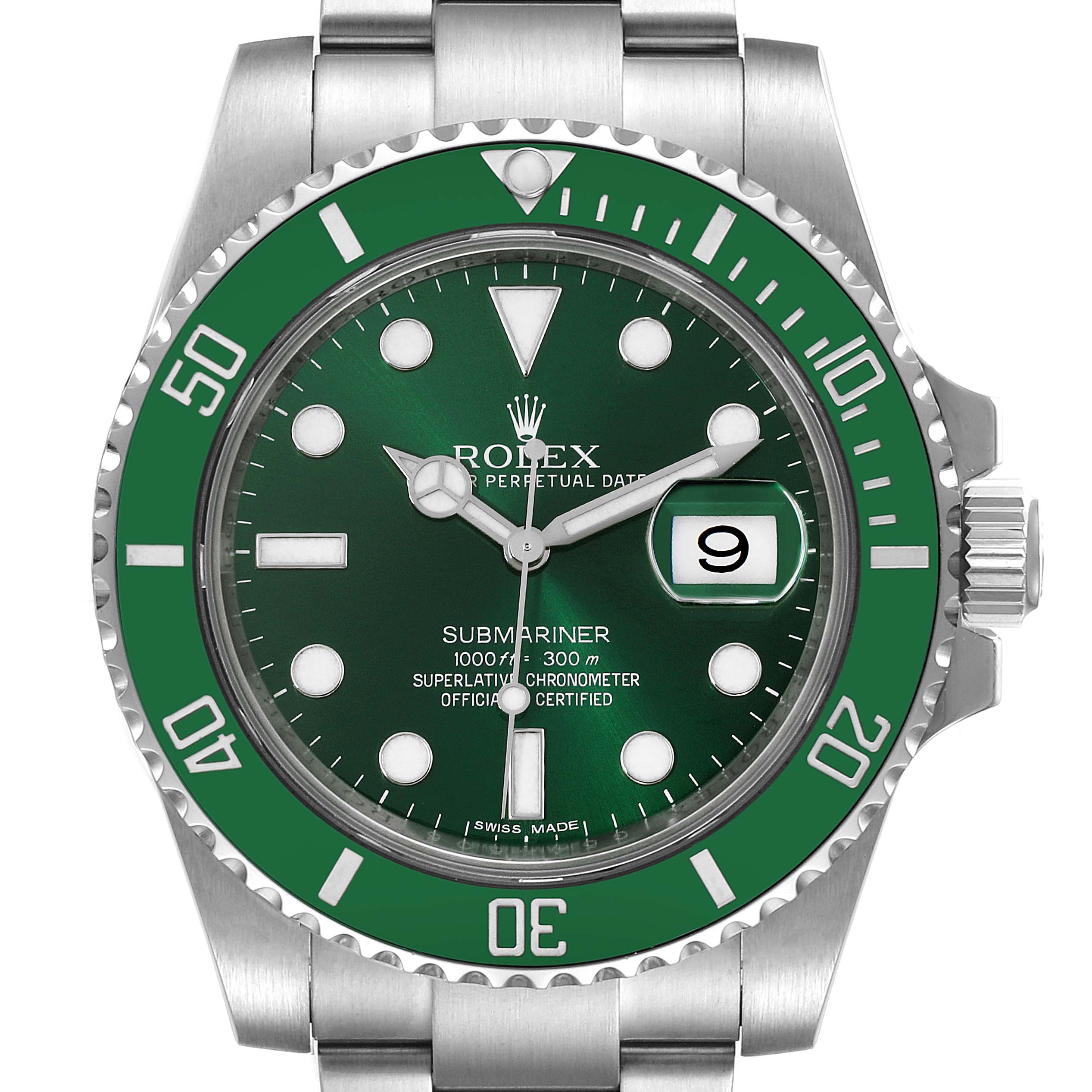 The image shows a front view of a Rolex Submariner 116610LV Men
s Stainless Steel Green Dial 116610LV Men
s Stainless Steel Green Dial with a green dial and bezel, showcasing its face, bezel, and part of the bracelet.