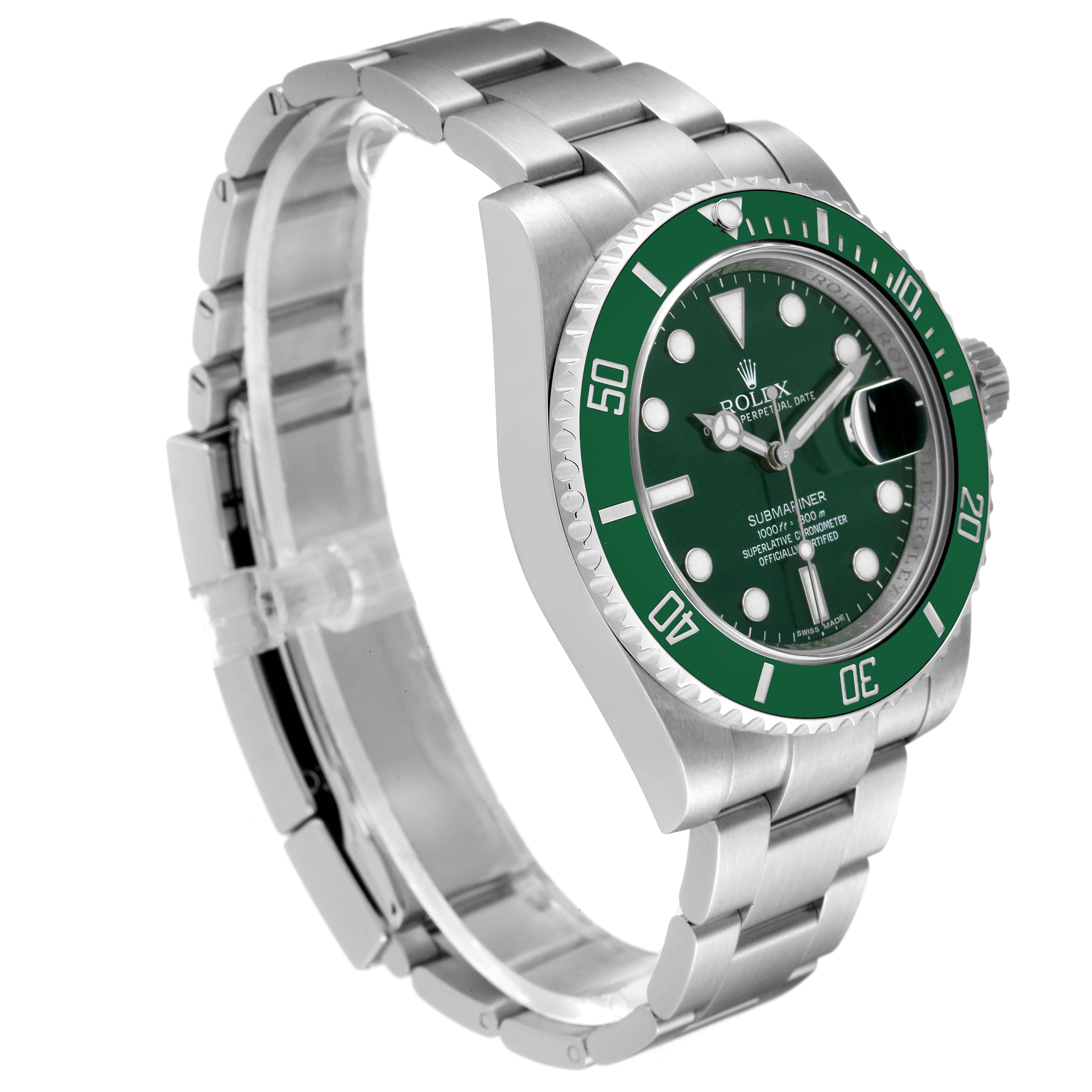 The image shows a Rolex Submariner 116610LV Men
s Stainless Steel Green Dial 116610LV Men
s Stainless Steel Green Dial watch with a green bezel and dial, viewed at a three-quarter angle from the front left.